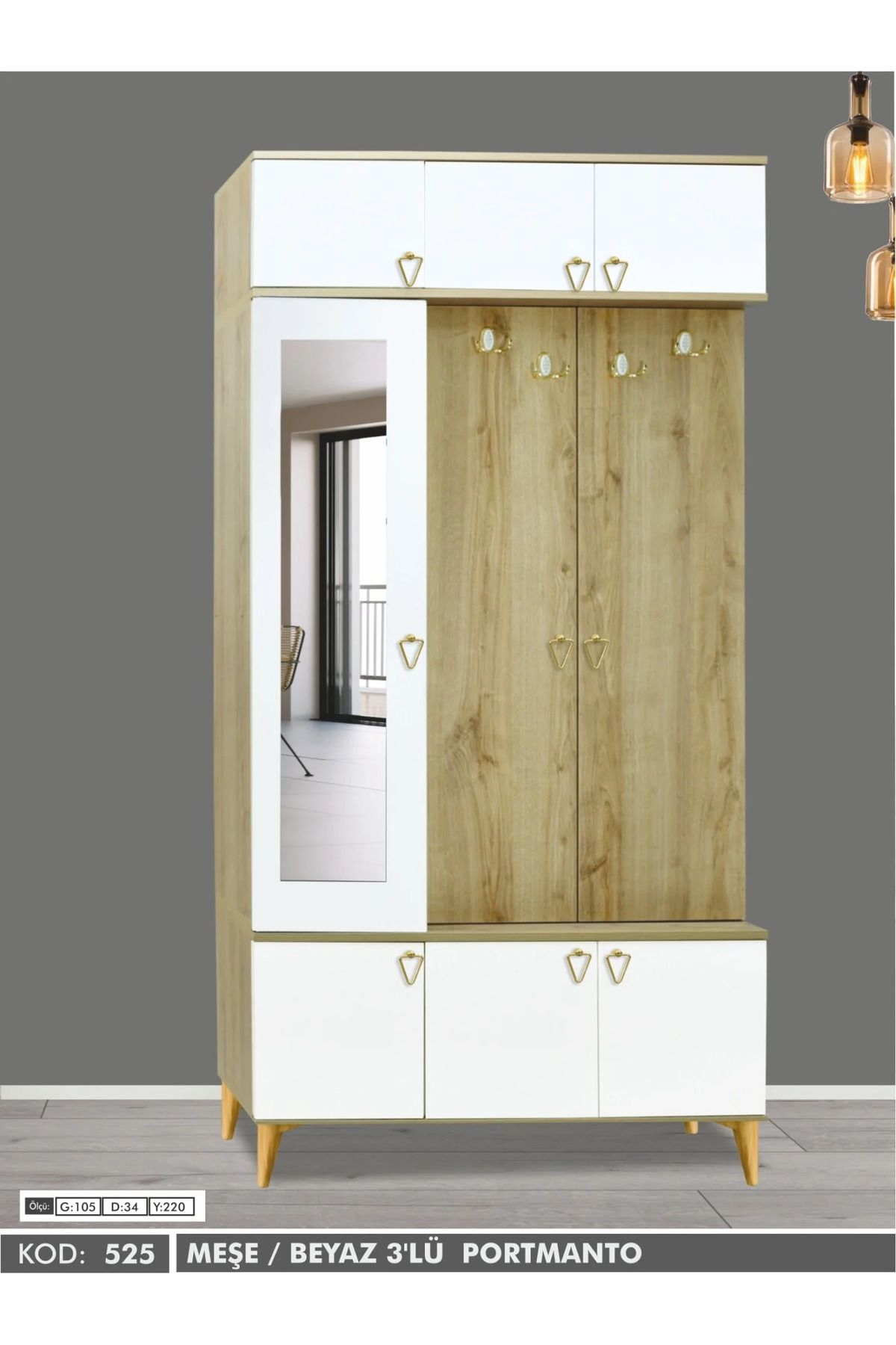 Yuvaset Home 9 Kapılı Aynalı Çam/Beyaz Yüklüklü Portmanto