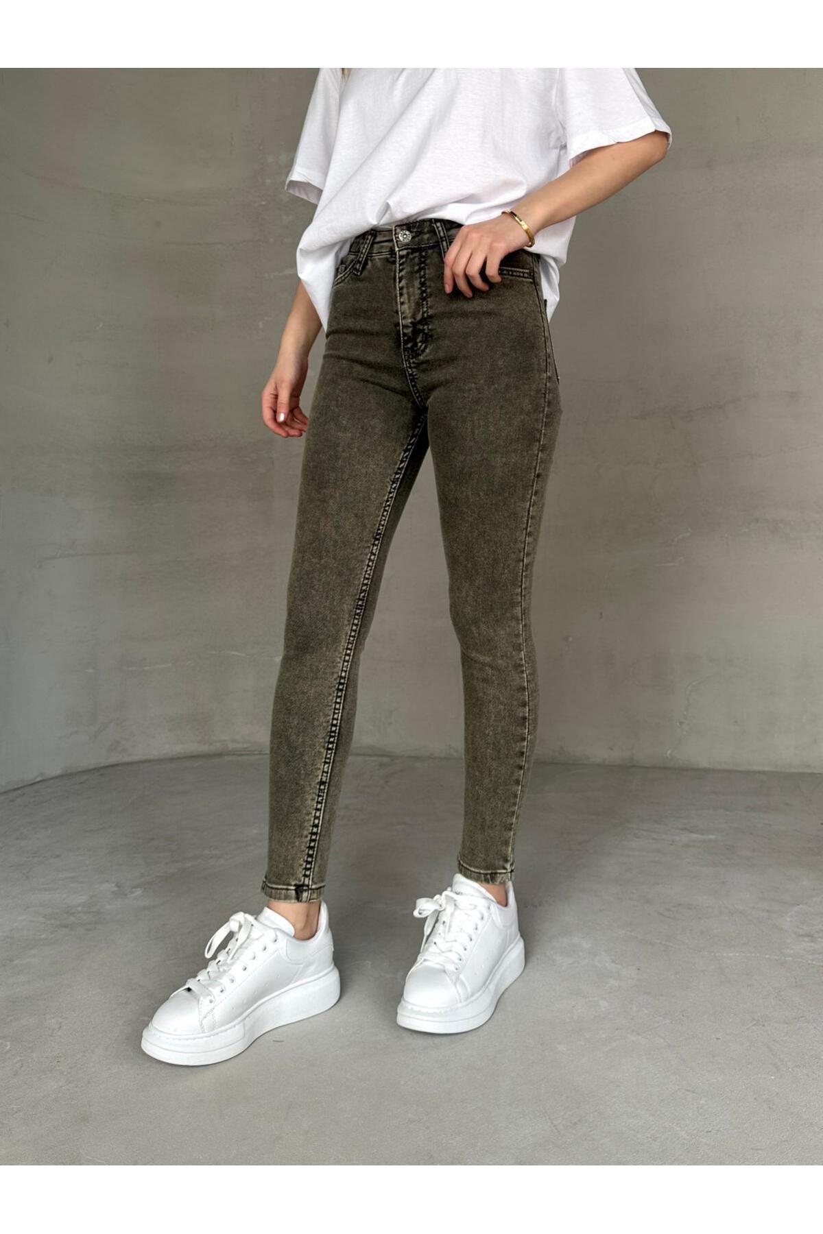 Cappmoda JEAN-08131 Haki Yıkama Kumaş Yüksek Bel Likralı Skinny Jean
