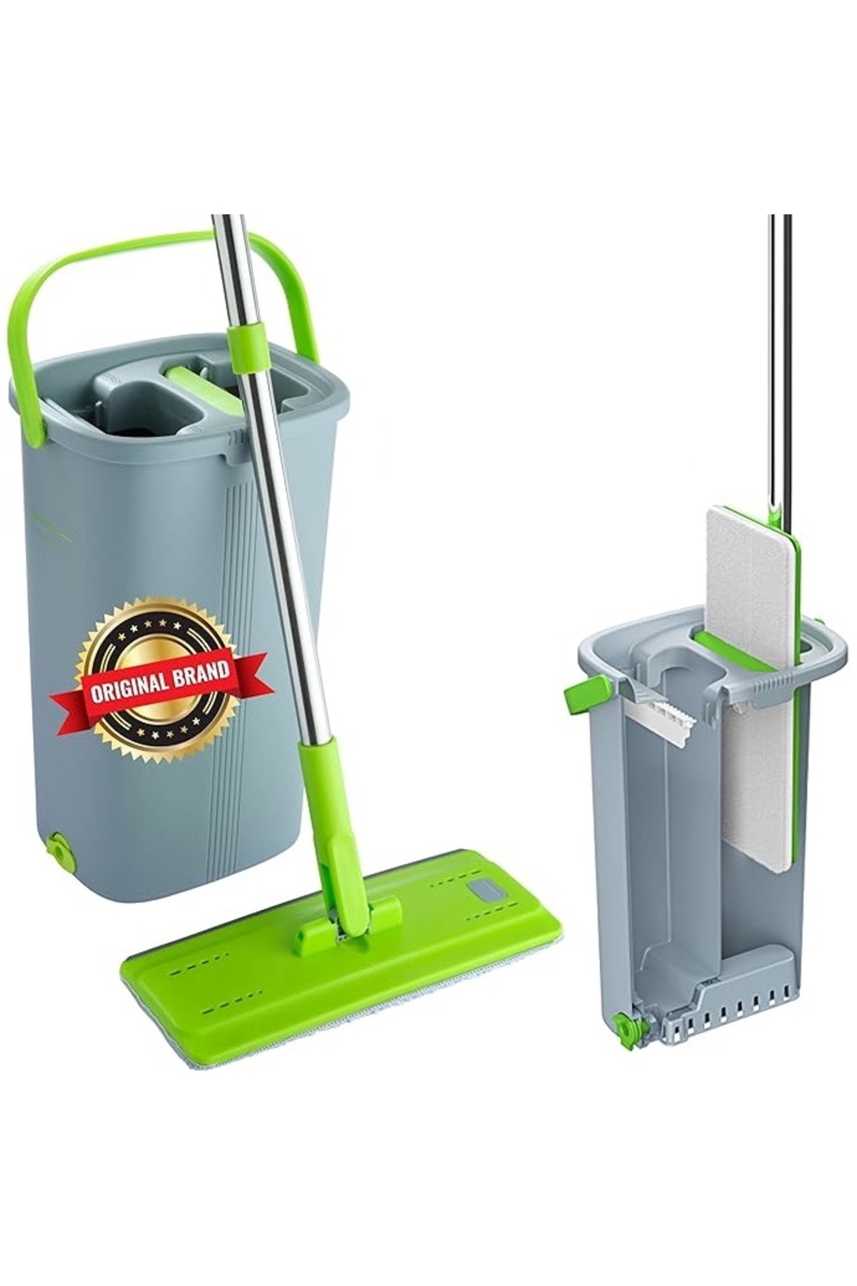 Easy Gleam-Set mop și găleată, mop plat, mâner din oțel inoxidabil, găleată cu două compartimente pentru utilizare umedă și uscată, 1 buc. de rezervă 4