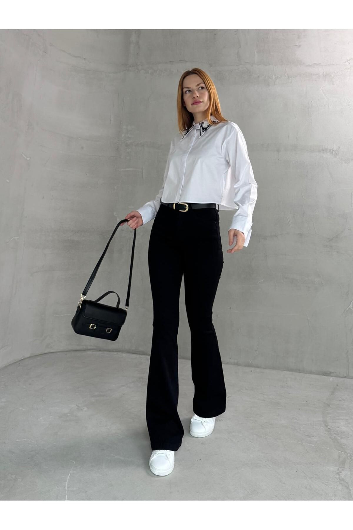 Cappmoda JEAN-08125 Siyah Yüksek Bel Likralı İspanyol Jean