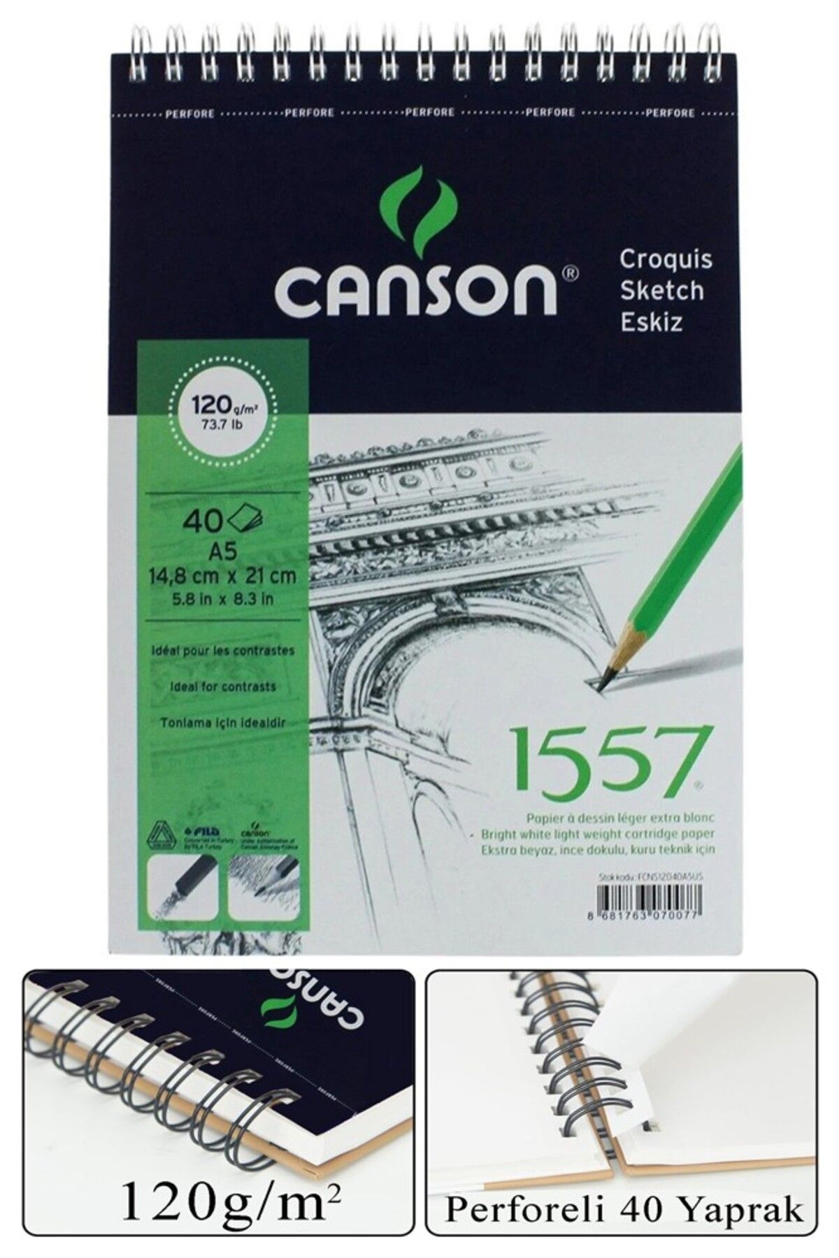 Artlantis Telli Eskiz Defteri Canson 1557 A5 Spiralli 40 Yaprak 1 Adet 120 gr 148x210 mm Üstten Açılmalı Karak