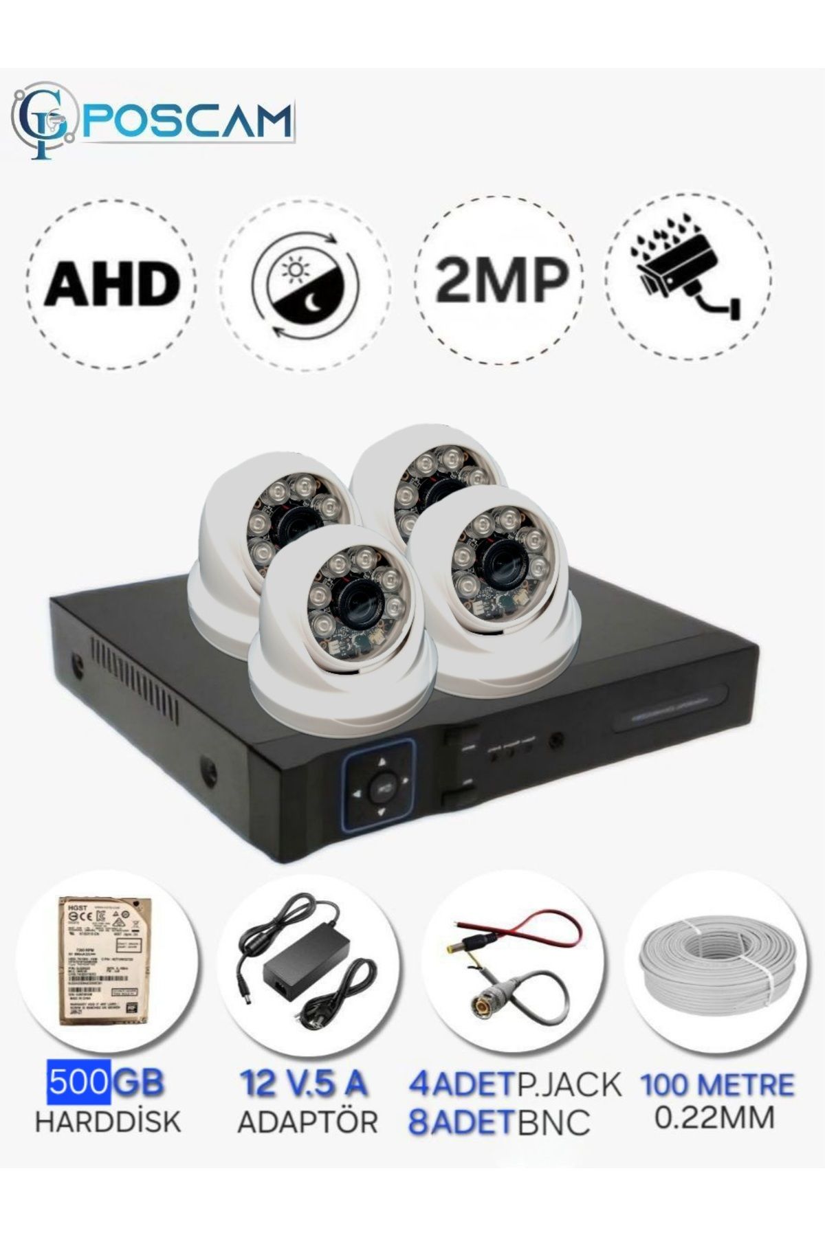 POSCAM 4 KAMERALI SET DOME - 2MP 1080P Full HD AHD, Gece Görüşlü, IP66 Su Geçirmez,