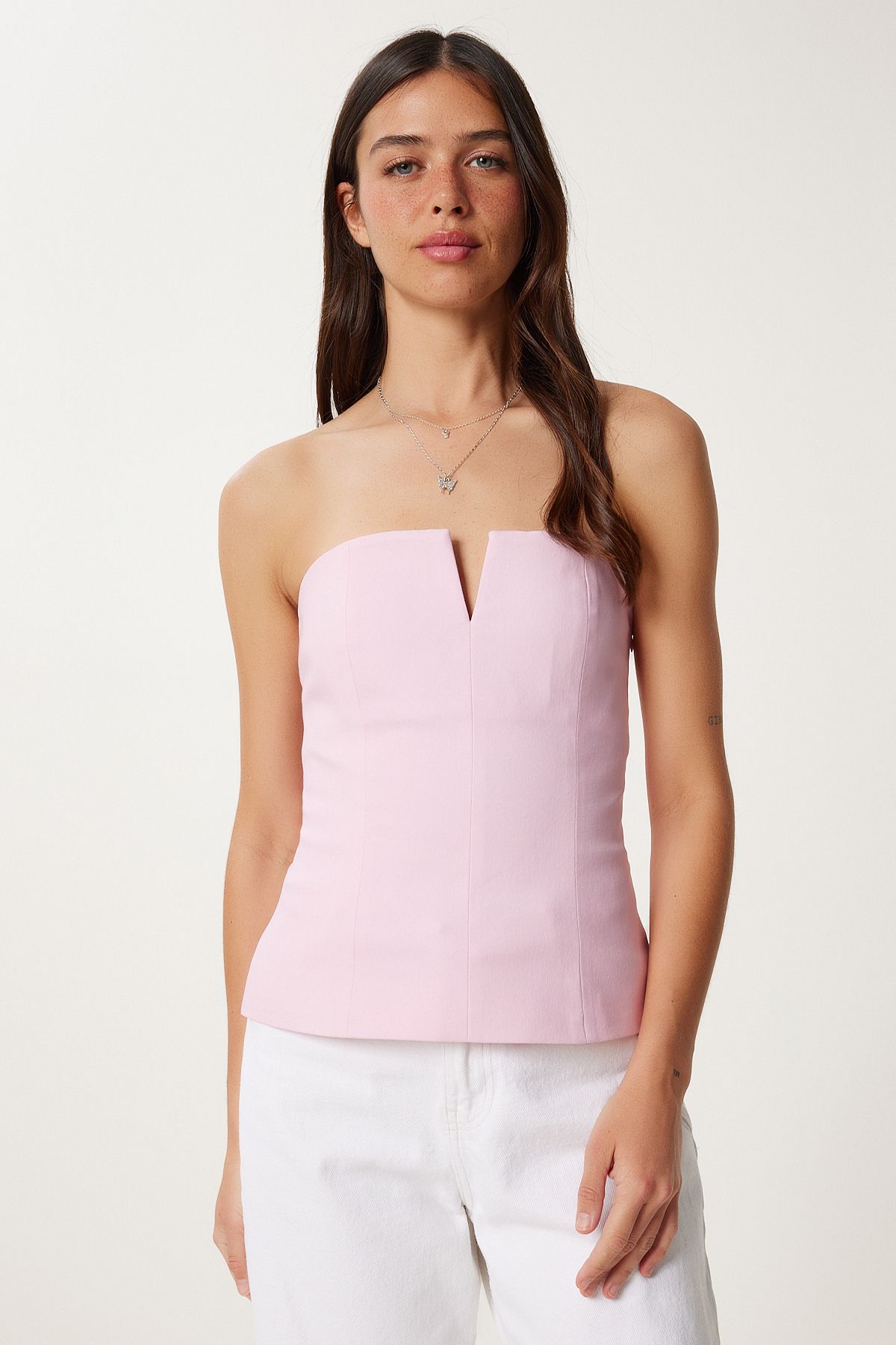 Lovelyİstanbul Straplez Crop Dokuma Bluz ŞEKER PEMBE LFK0007