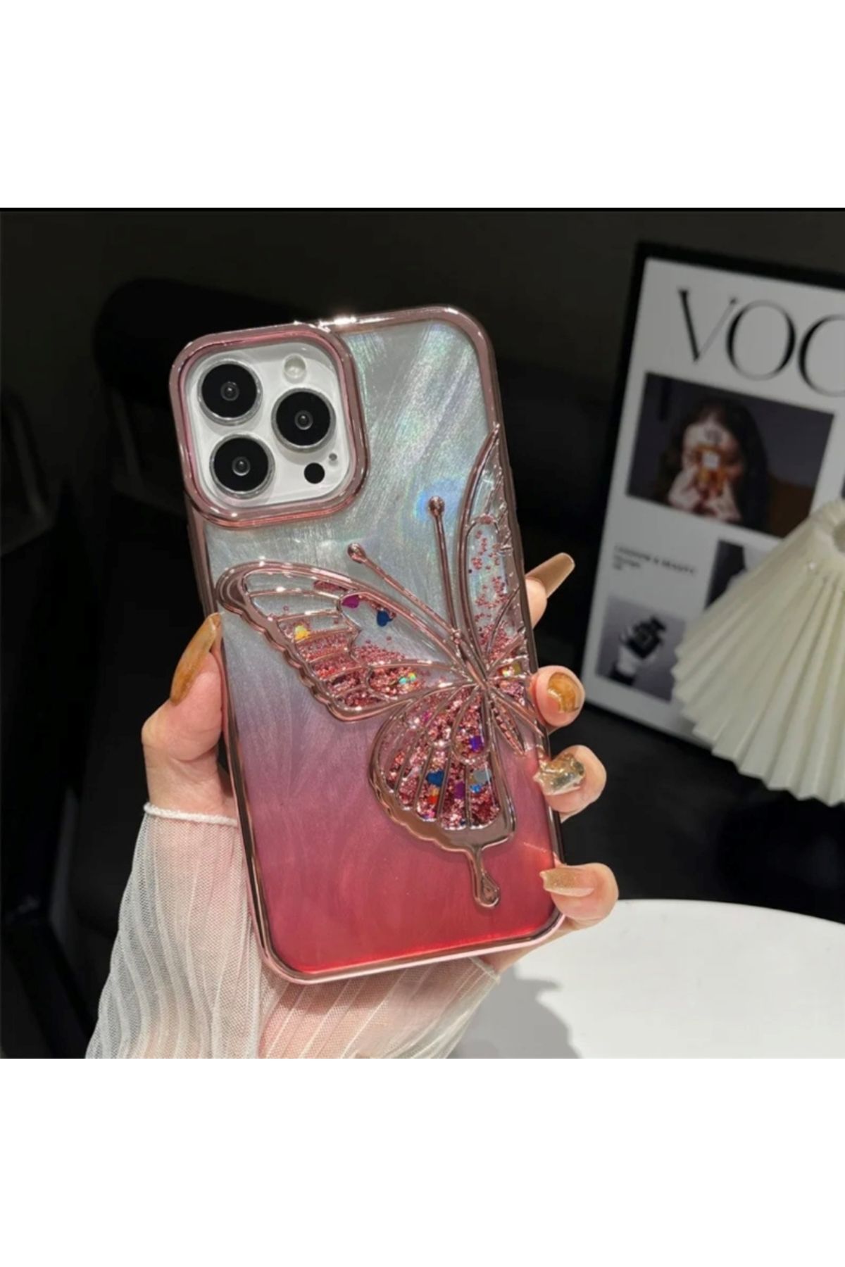 Techno iPhone 14 Pro Max Uyumlu 3D Kelebekli Hareketli Sulu Simli Kamera Koruma Çıkıntılı Lüks Kılıf