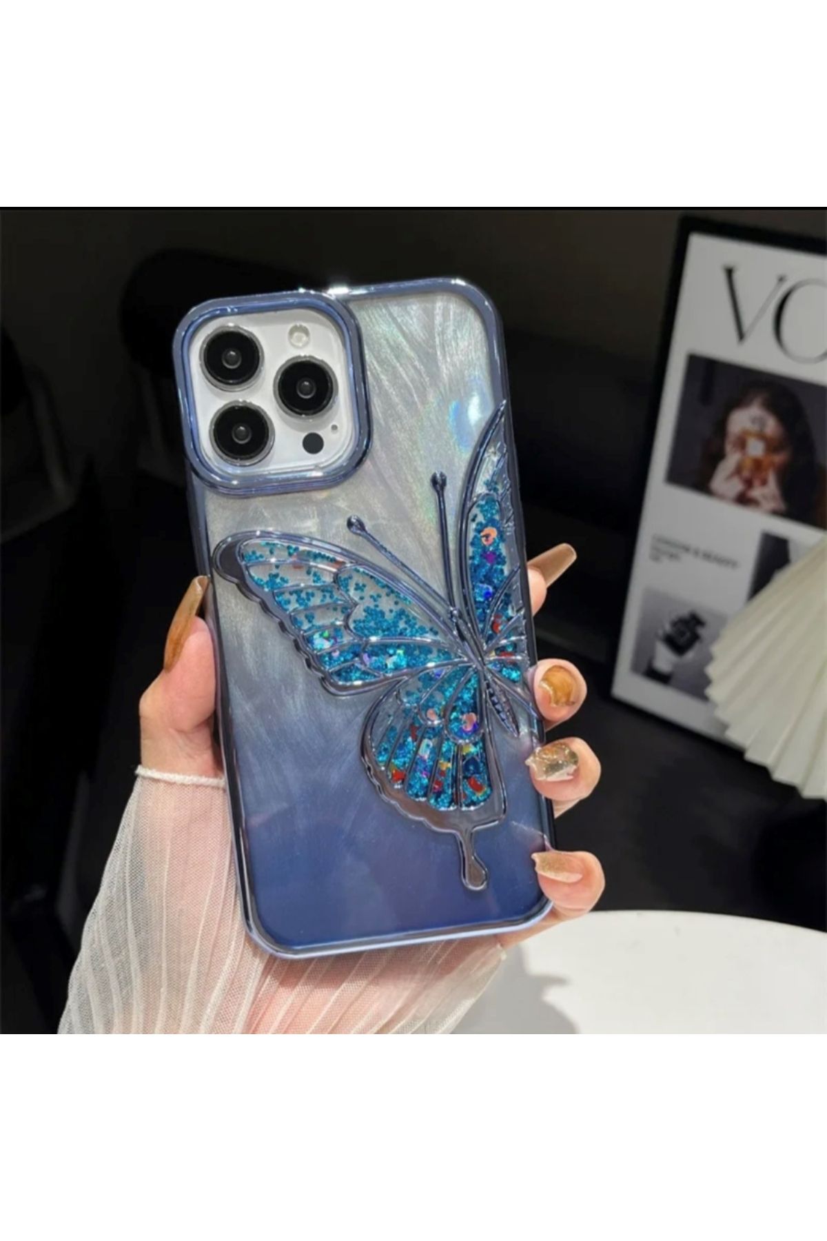 Techno iPhone 14 Pro Max Uyumlu 3D Kelebekli Hareketli Sulu Simli Kamera Koruma Çıkıntılı Lüks Kılıf