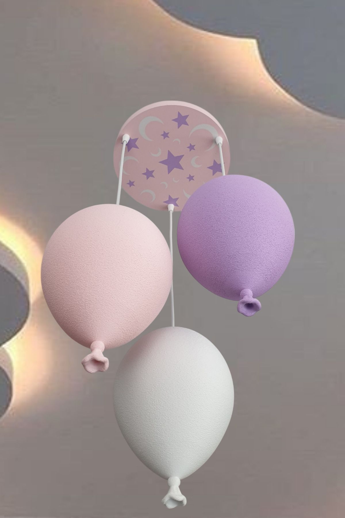 FORECASTE Kız Çocuk Odası Avize Balon 3'lü Sarkıt Avize Ay Yıldız Ayarlı Avize Beyaz Pembe Mor 3 AMPUL DAHİL