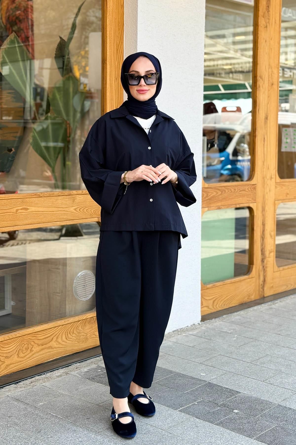 MERVE KAYKISIZ Kruvaze Oversize Poplin Gömlek Lacivert