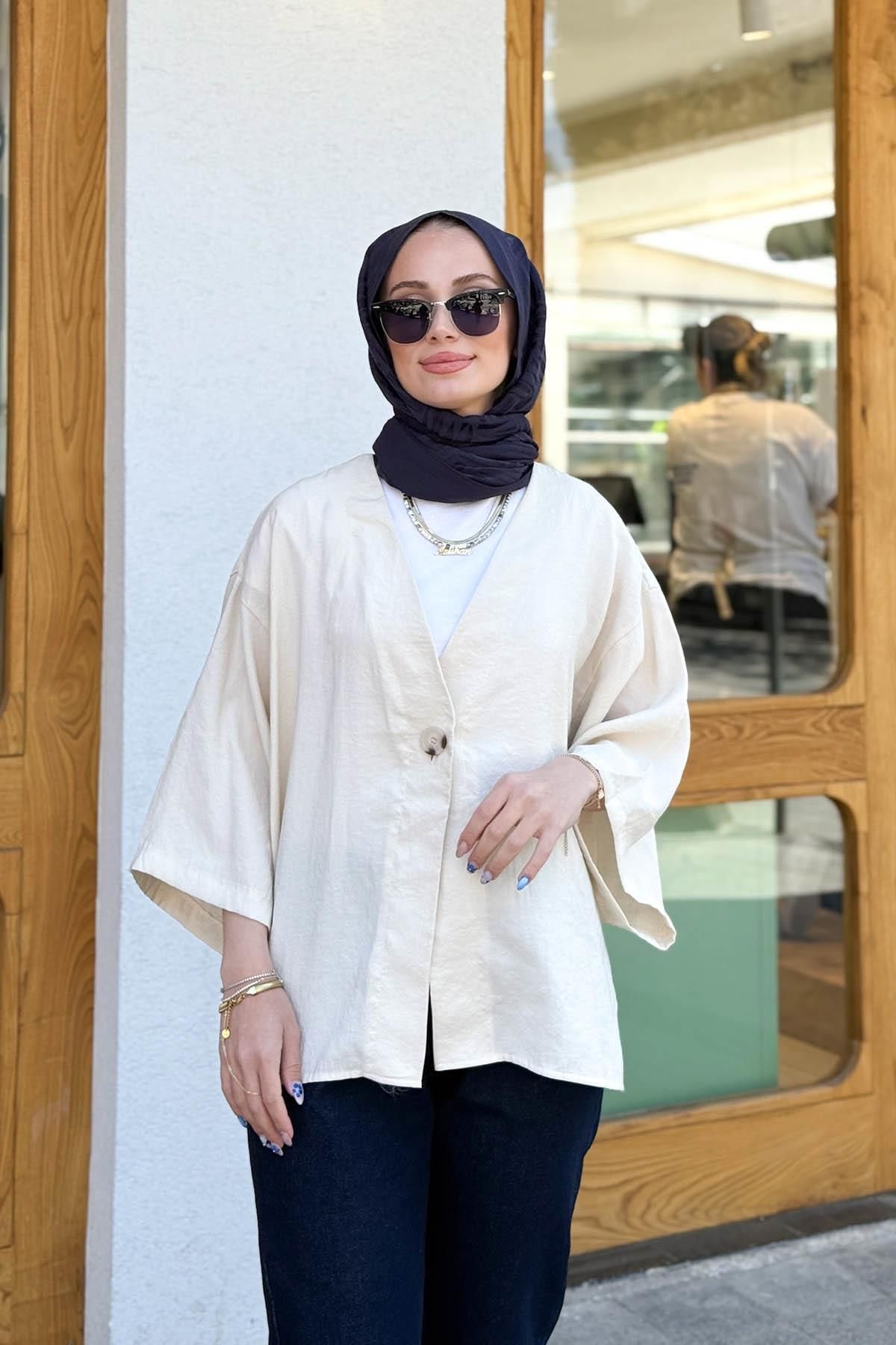 MERVE KAYKISIZ Tek Düğmeli Kimono Gömlek Bej