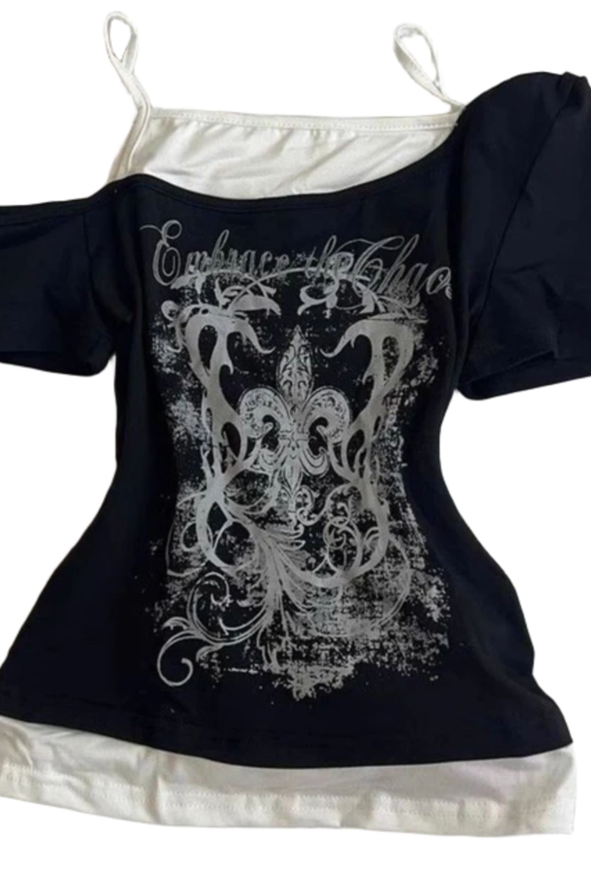Köstebek Siyah Embrace The Chaos Ek Askılı Gotik Y2K Kısa Kollu Full Body Crop T-Shirt