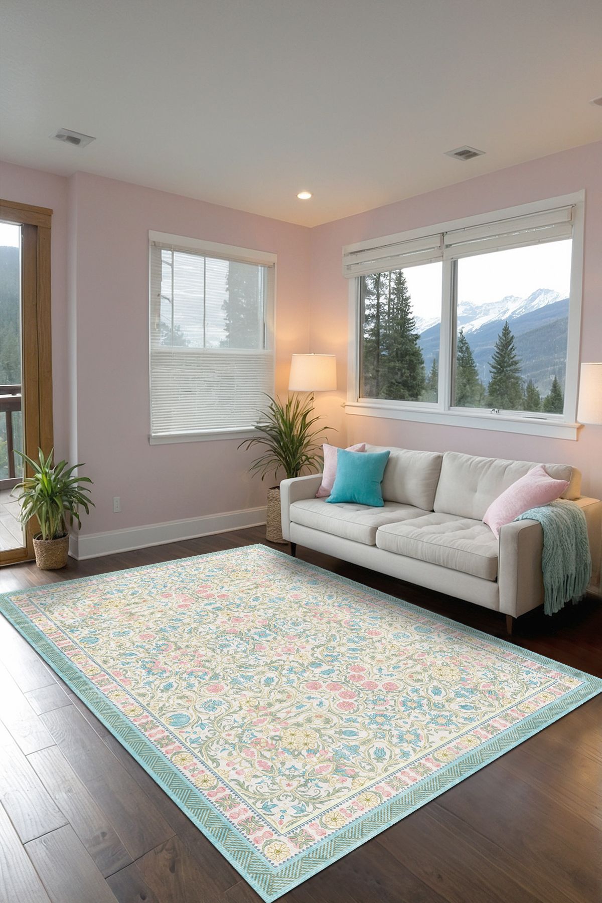 AIDA HOME Melinda Floral Desenli Pamuk Tabanlı Yıkanabilen Kaydırmaz Antibakteriyel Şönil Salon Halısı