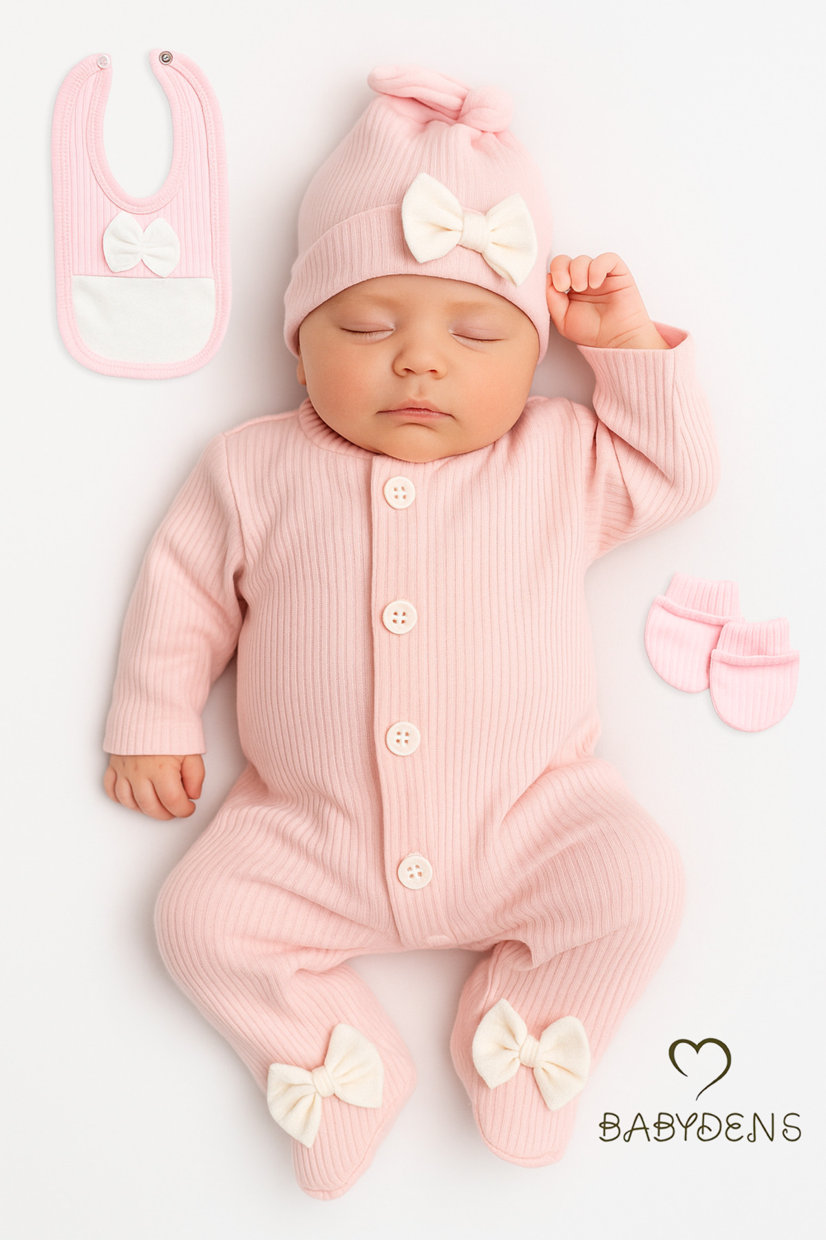 BABYDEN'S 4 'lü Kız Bebek Fitilli Yenidoğan Bebek Tulum Seti %100 Pamuklu Hastane Çıkışı fotoğrafı 2 (önizleme)