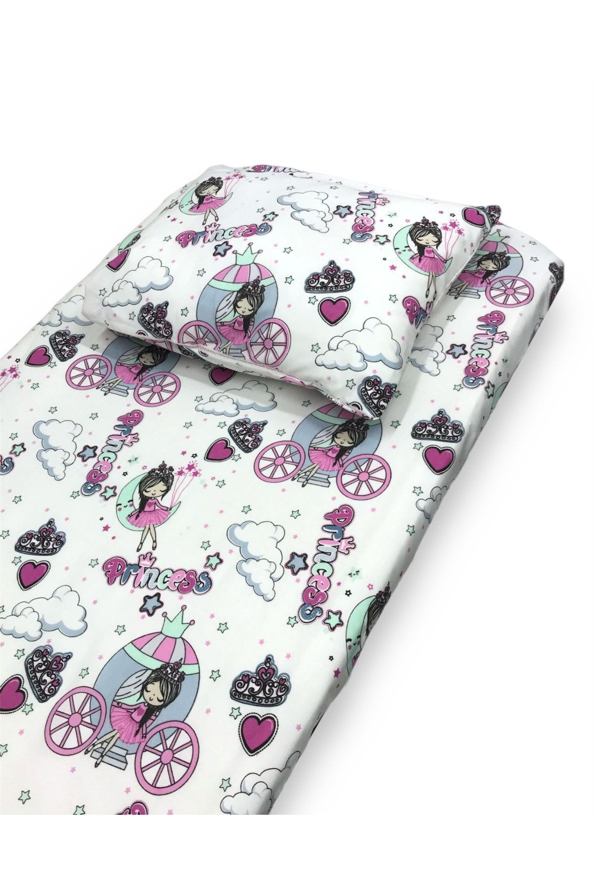 Bebek Özel Pamuklu Bebek Ve Çocuk Lastikli Çarşaf Ve Yastık Kılıfı 60x120 Prenses Desenli