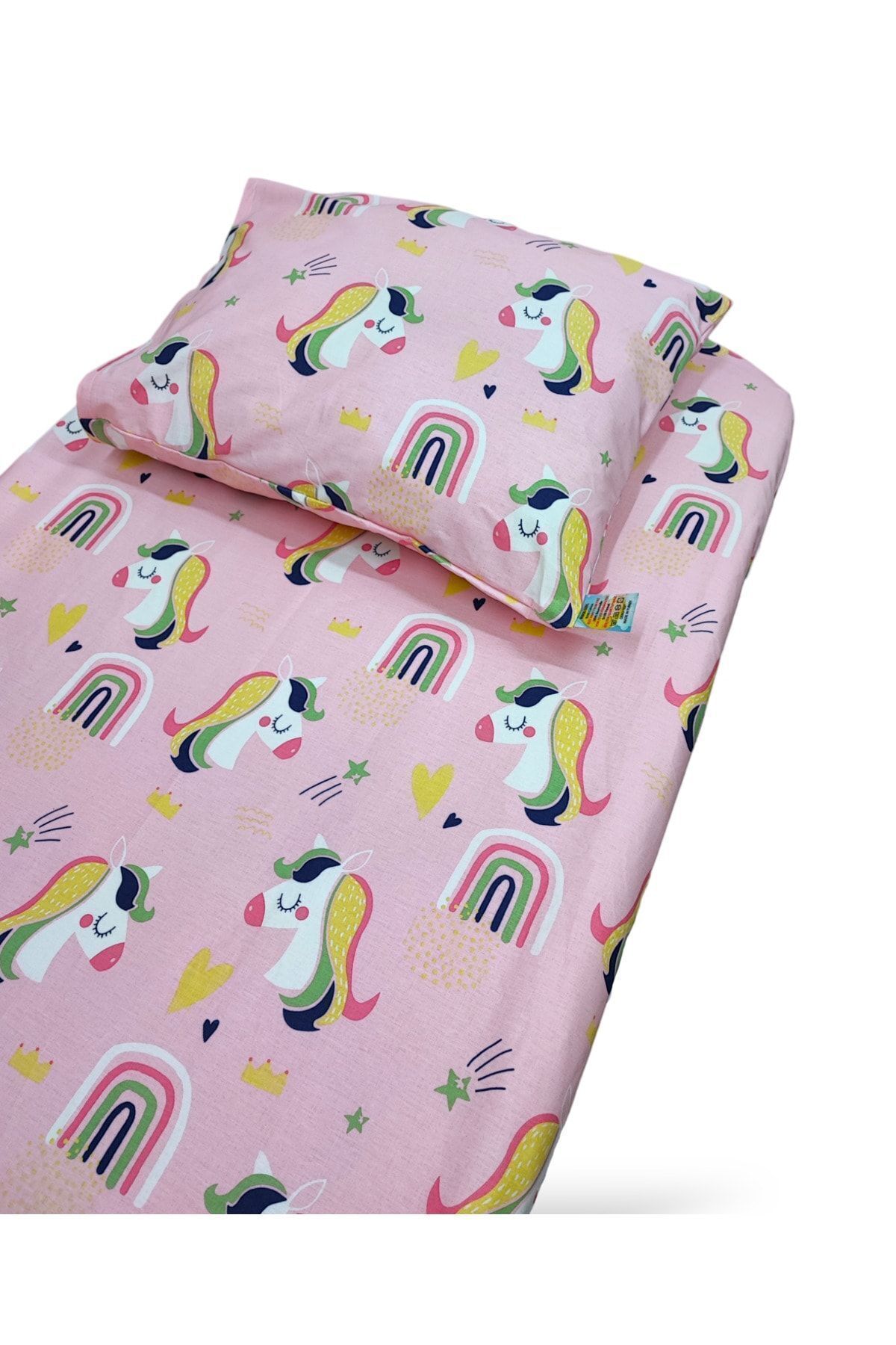 Bebek Özel %100 Pamuklu Bebek Ve Çocuk Lastikli Çarşaf Ve Yastık Kılıfı 60x120 Pembe Unicorn