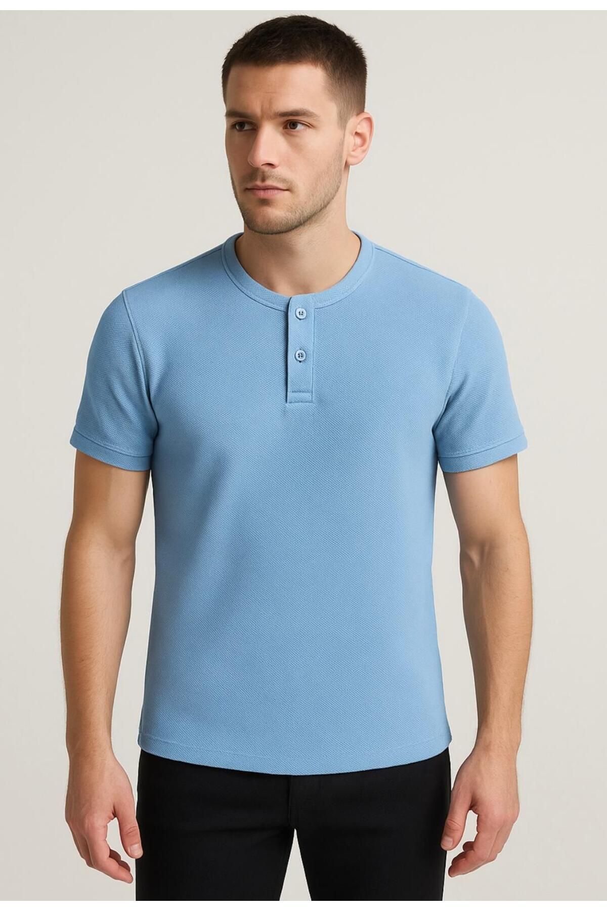 AXXEL Erkek Mavi Henley Kısa Kollu T-shirt-d807