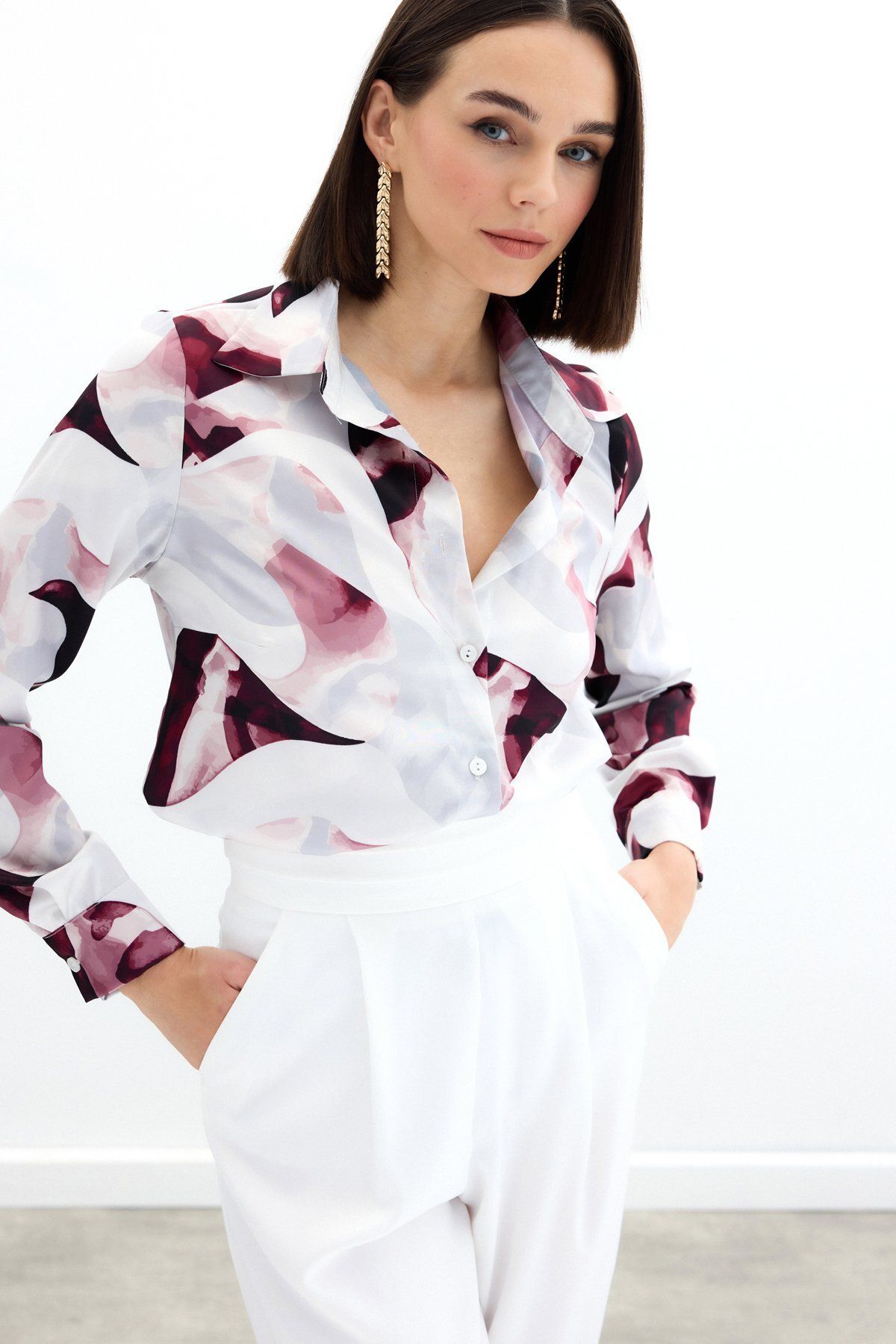Sateen Desenli Gömlek - Bordo