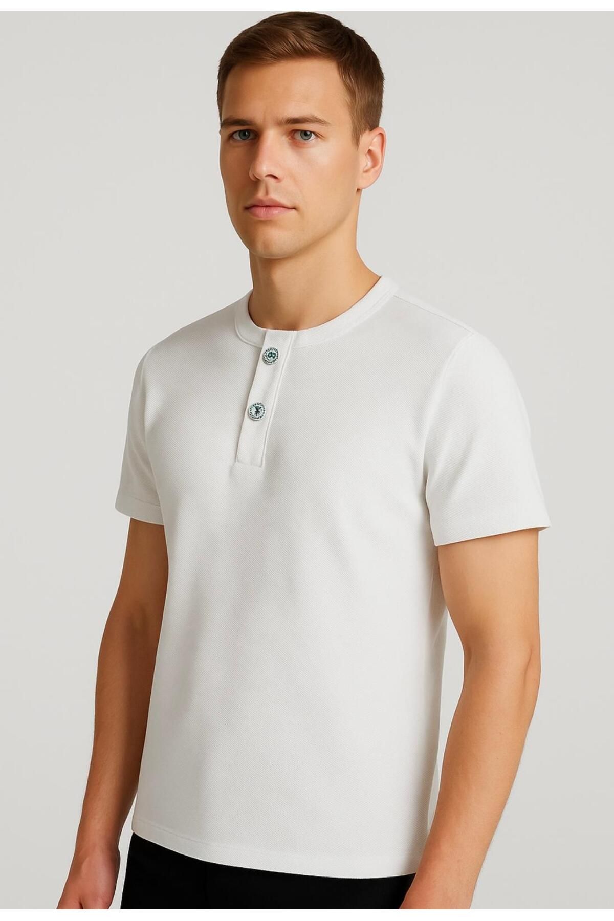 AXXEL Erkek Krem Henley Kısa Kollu T-shirt-d807