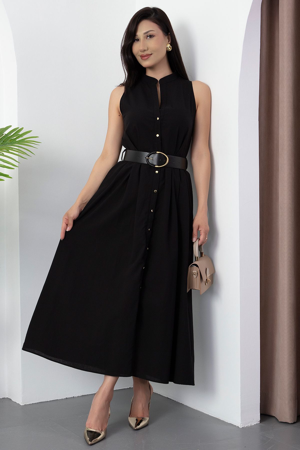 PULLIMM-Rochie de damă cu curea din piele cu nasturi GRS3747 5