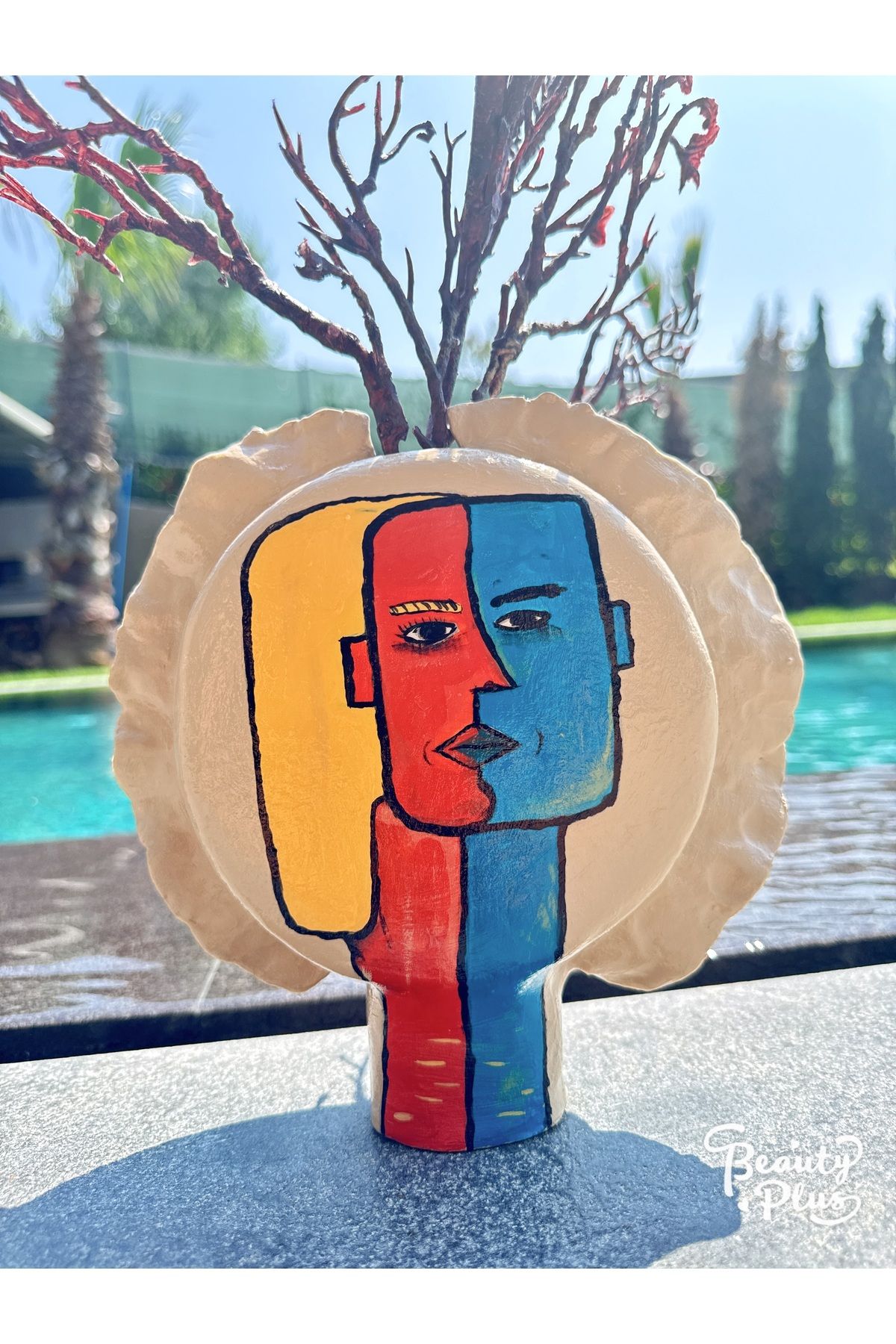 Whitecrow art Dualis - El Yapımı Soyut Seramik Yüz Heykeli - Modern Dekoratif Obje