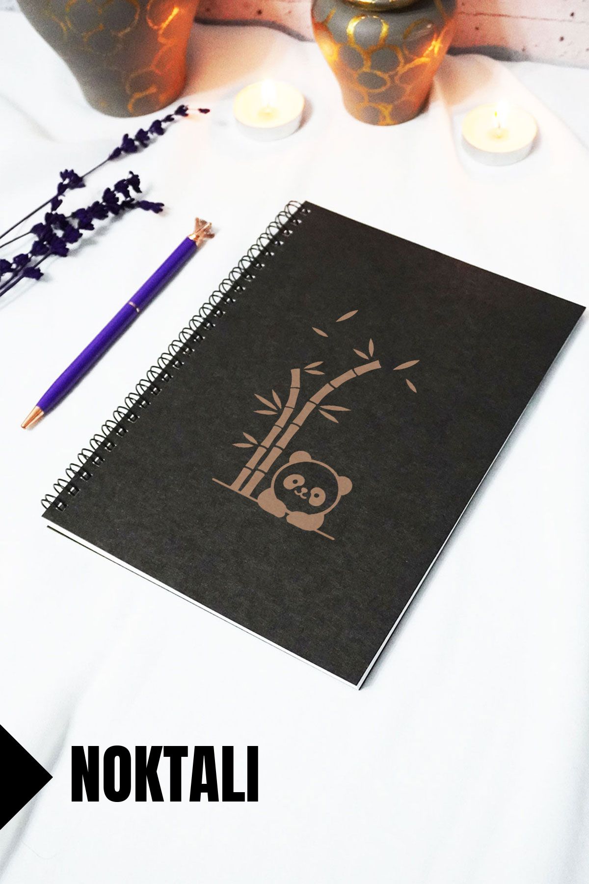 markcat A5 Panda Temalı Siyah Kraft Kapaklı Defter - Noktalı Defter - 60 Yaprak (120 SAYFA) 15x21 Cm