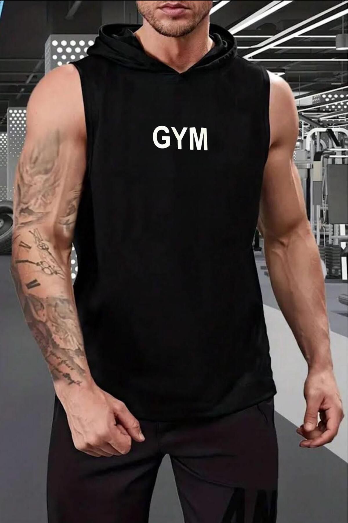 NO 601 Erkek Beyaz-Siyah 2'li Kapşonlu Kolsuz Kabartma Gym Baskılı Atlet Tshirt