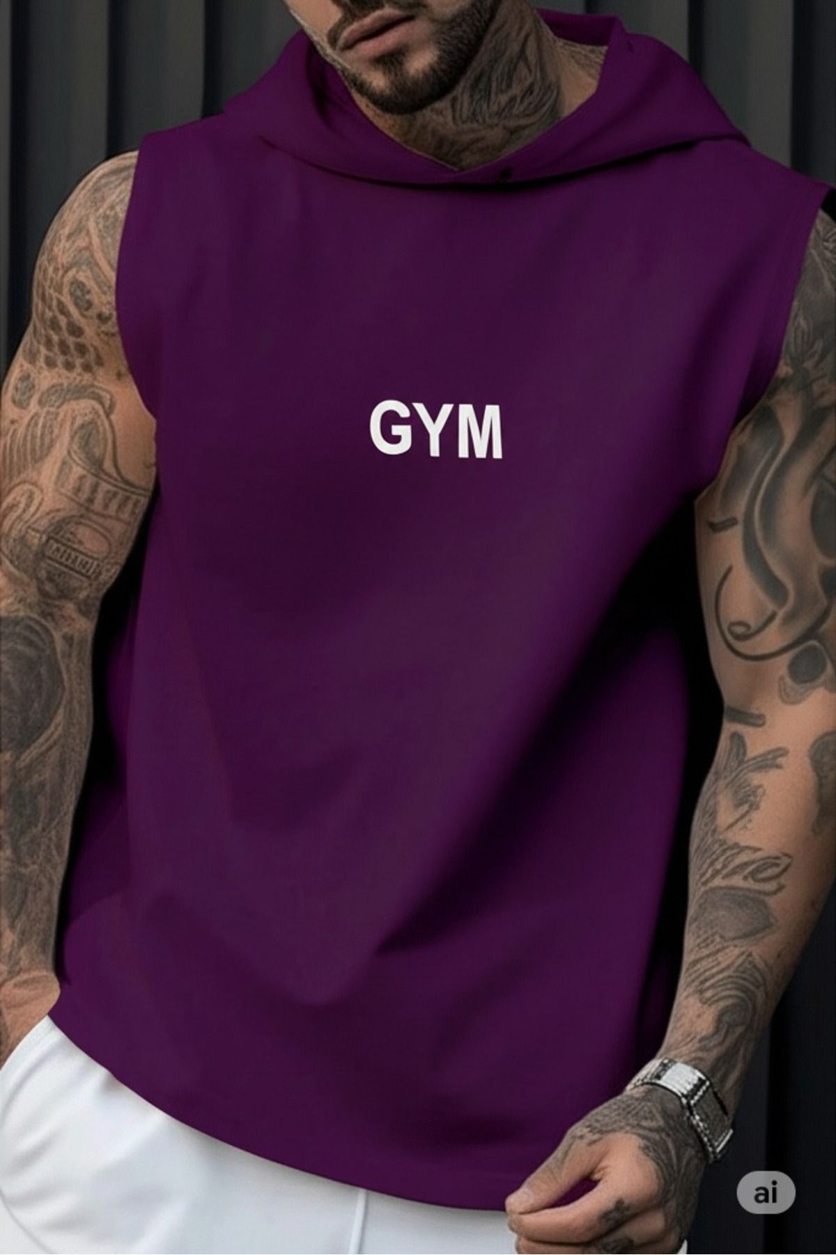 NO 601 Erkek Beyaz-Siyah 2'li Kapşonlu Kolsuz Kabartma Gym Baskılı Atlet Tshirt