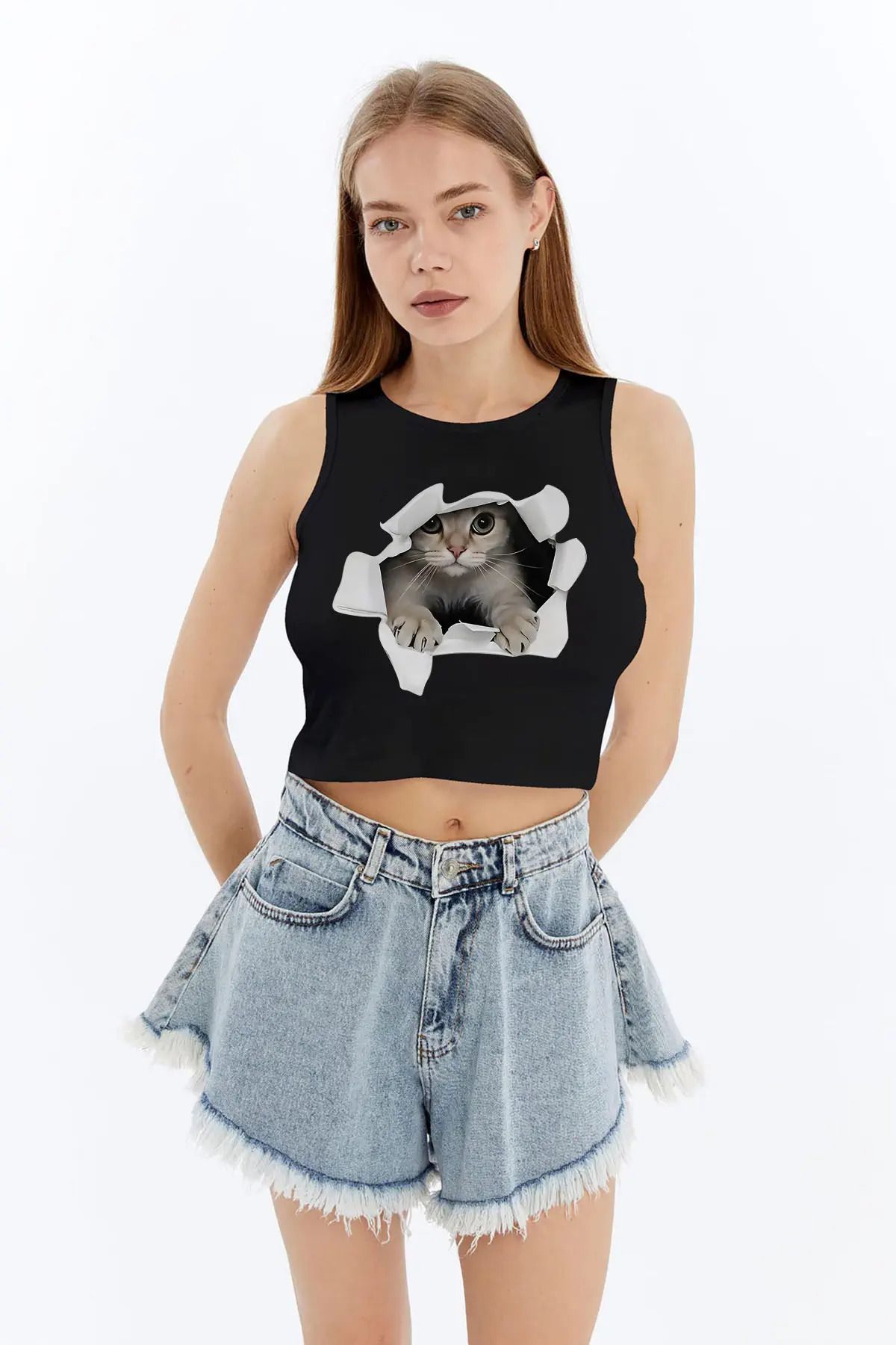 MYFORA Kedicik Desenli Viskon Kadın Crop Tişört