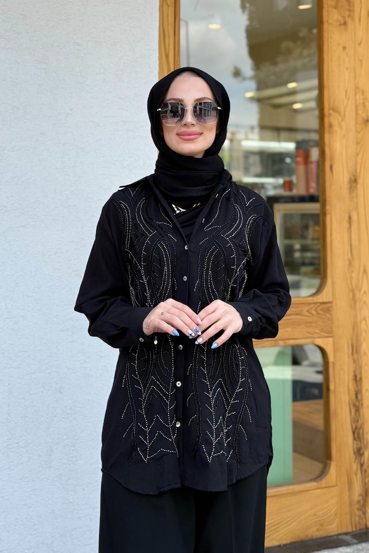 MERVE KAYKISIZ İşlemeli Pamuk Gömlek Siyah
