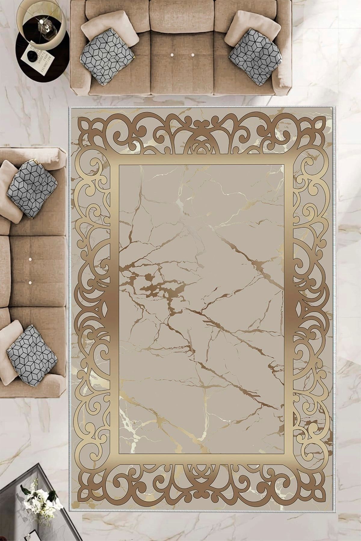aradimtaradim Makinede Yıkababilir Leke Tutmaz Gold Dot Keçe Kaymaz Taban Dekorçerçeve Salon Saçaksız Halı B1274