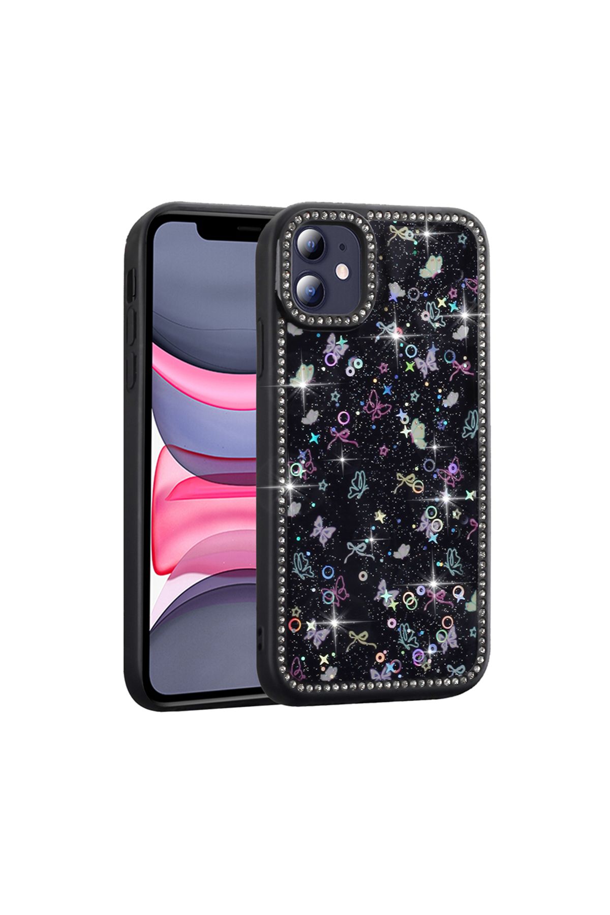 m.tk moveteck İphone 11 Kılıf Kelebek Pink Fiyonk Desenli Yumuşak Simli Taşlı Kenarlı Kamera Korumalı Kapak