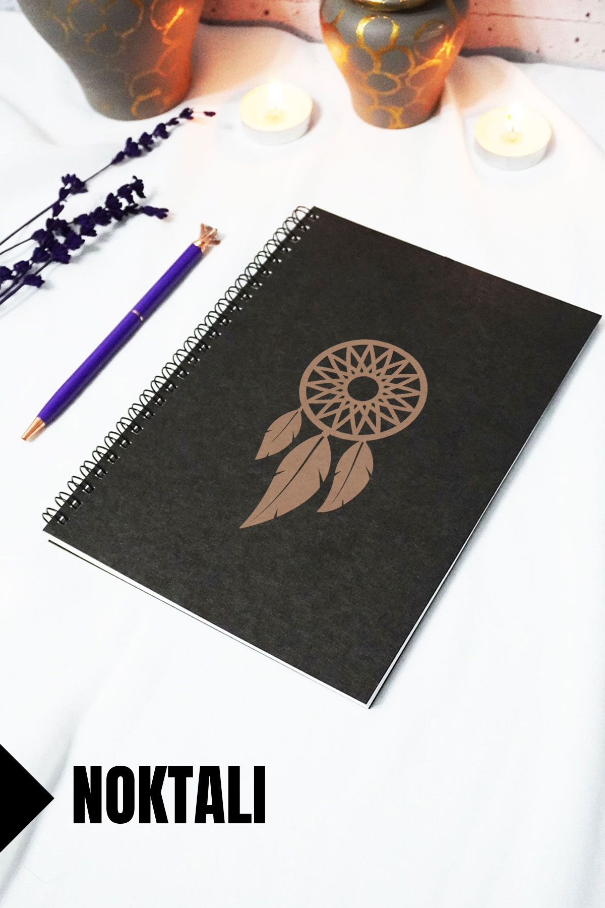 markcat A5 Rüya Kapanı Temalı Siyah Kraft Kapaklı Defter - Noktalı Defter - 60 Yaprak (120 SAYFA) 15x21 Cm