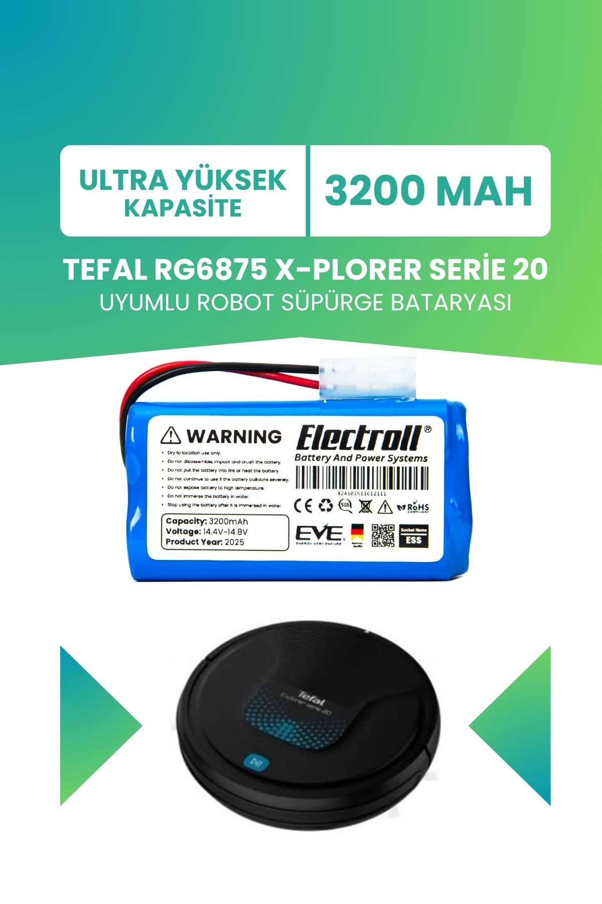ELECTROLL Tefal RG6875 X-Plorer Serie 20 Uyumlu Batarya (ULTRA YÜKSEK KAPASİTE) 3200mah Robot Süpürge Batarya