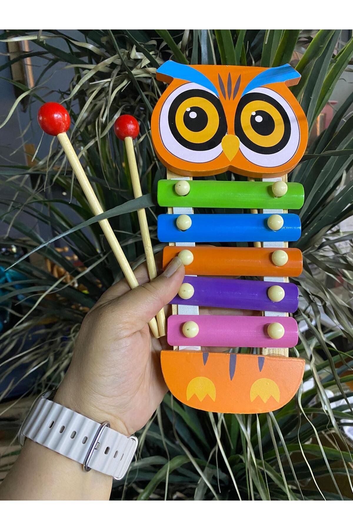 elif aksesuar Baykuşlu Desenli Ahşap 5 Notalı Oyuncak Selefon Müzik Aleti