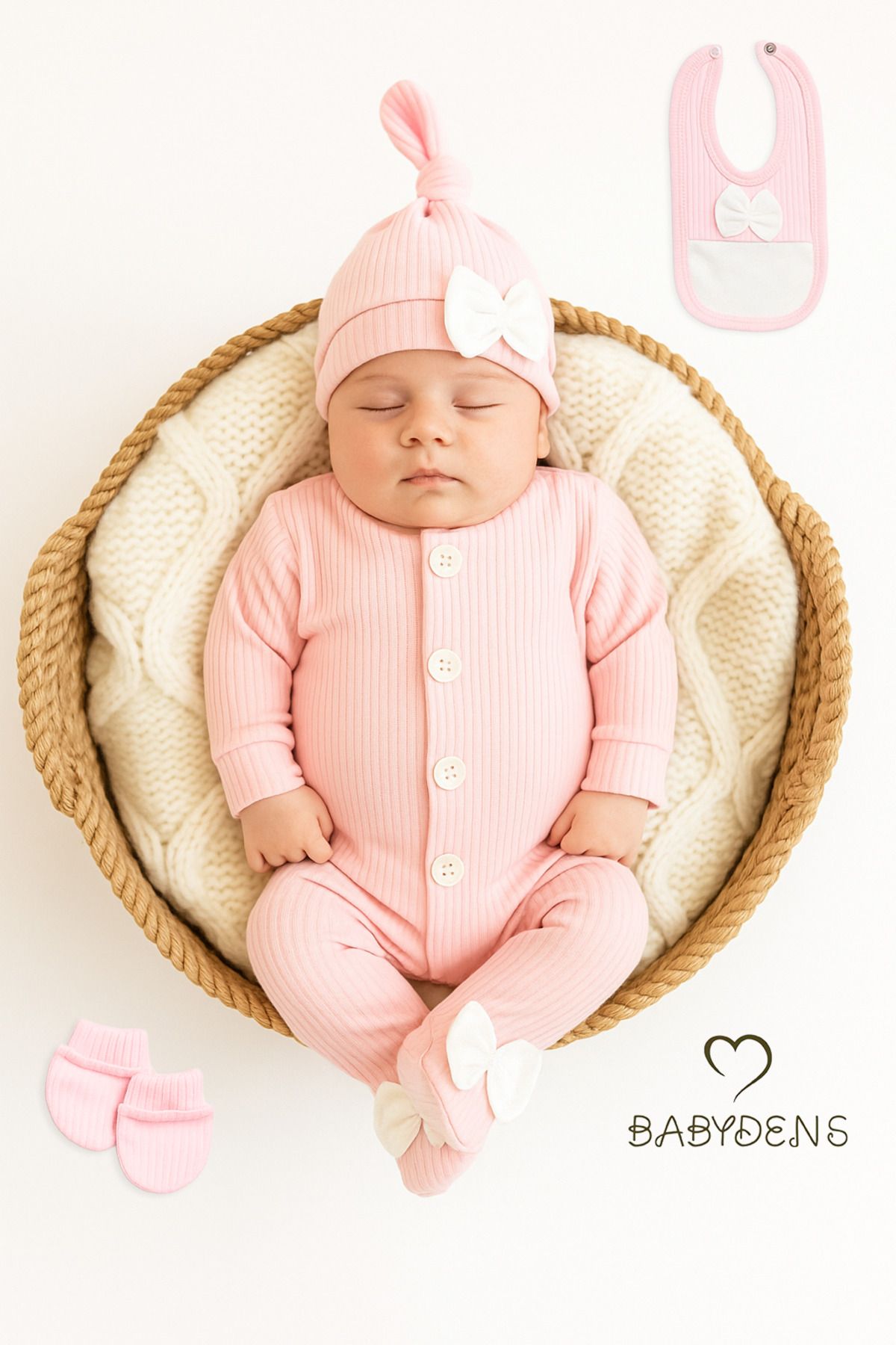 BABYDEN'S 4 'lü Kız Bebek Fitilli Yenidoğan Bebek Tulum Seti %100 Pamuklu Hastane Çıkışı