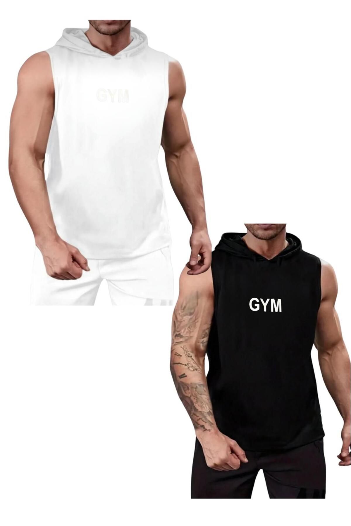 NO 601 Erkek Beyaz-Siyah 2'li Kapşonlu Kolsuz Kabartma Gym Baskılı Atlet Tshirt