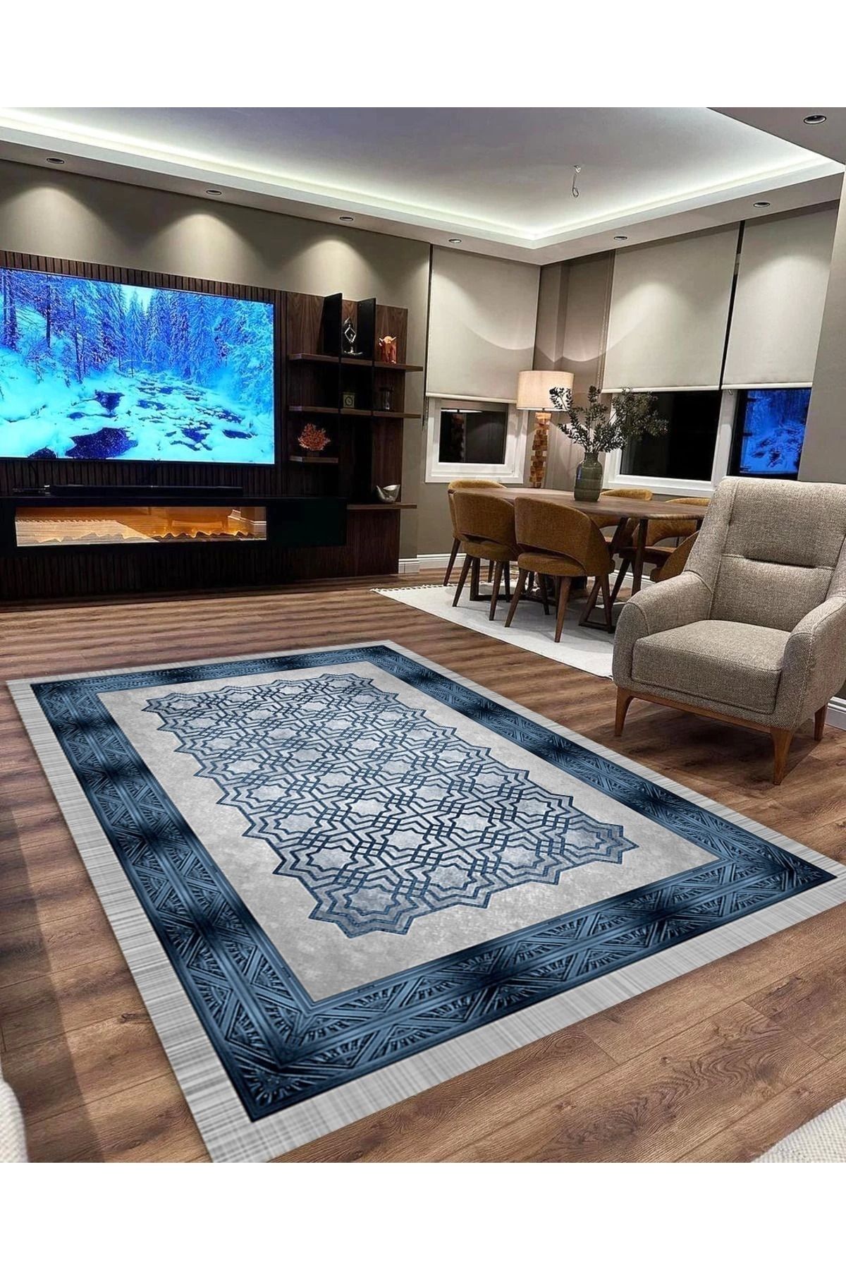 aradimtaradim Makinede Yıkanabilir Leke Tutmaz Mavi-gri Pvc Deri Kaymaz Taban Modern Salon Saçaksız Halı B1333