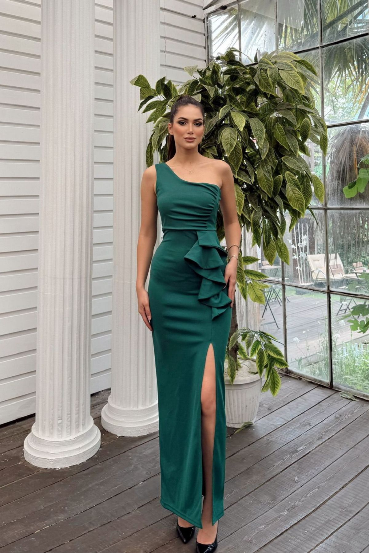 Sindimoda Zany Tek Omuz Fırfır Detay Yırtmaçlı Abiye 582119
