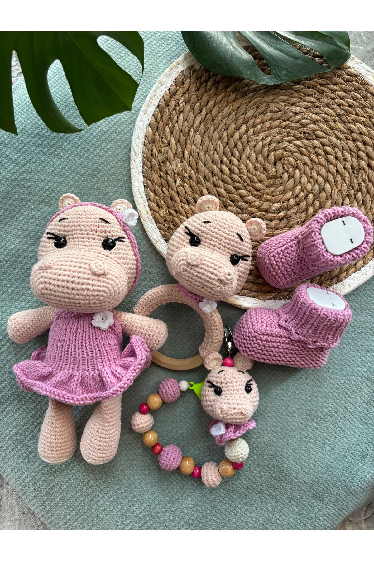 Aia&Co Amigurumi El Yapımı Uyku Arkadaşı Hipopotam Emzik Zinciri Çıngırak Bebek Patik