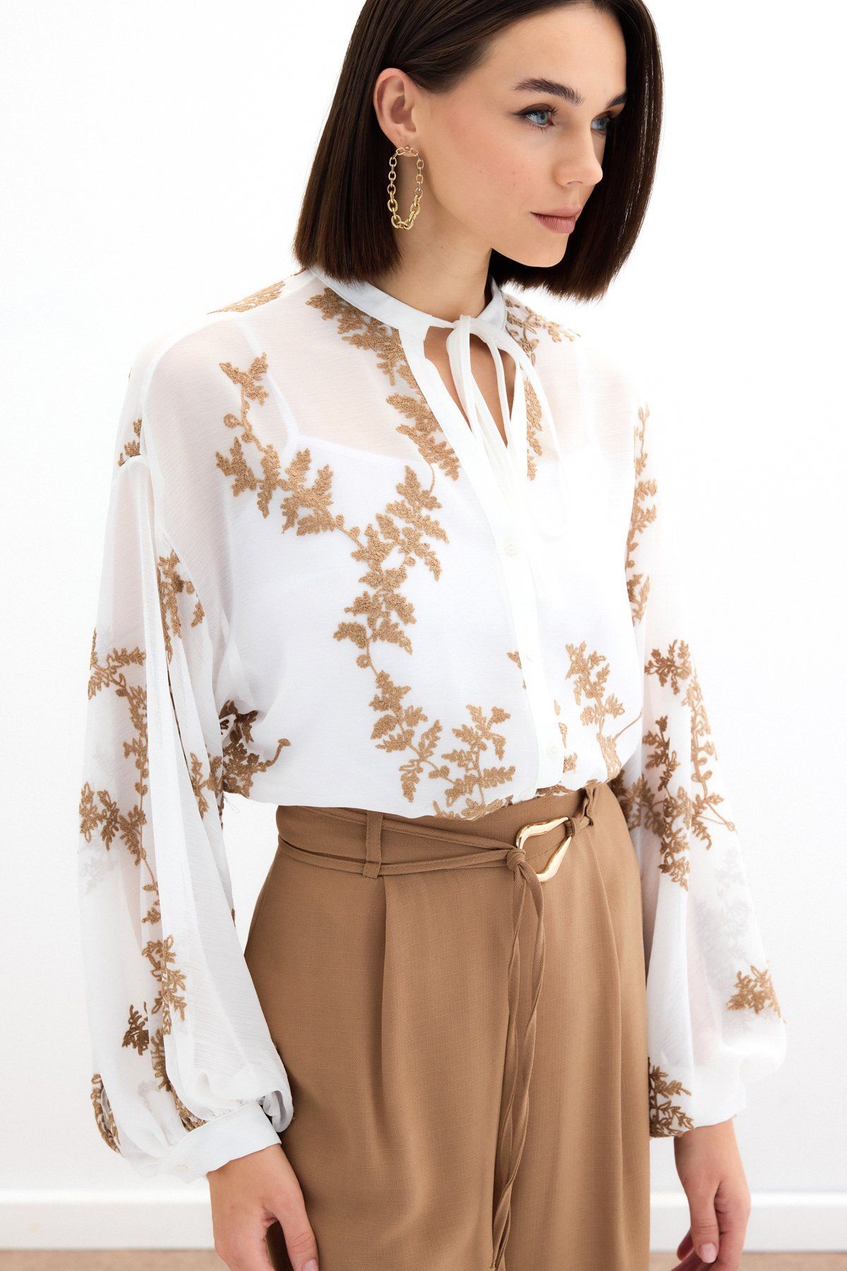 Sateen Nakışlı Şifon Gömlek - Camel