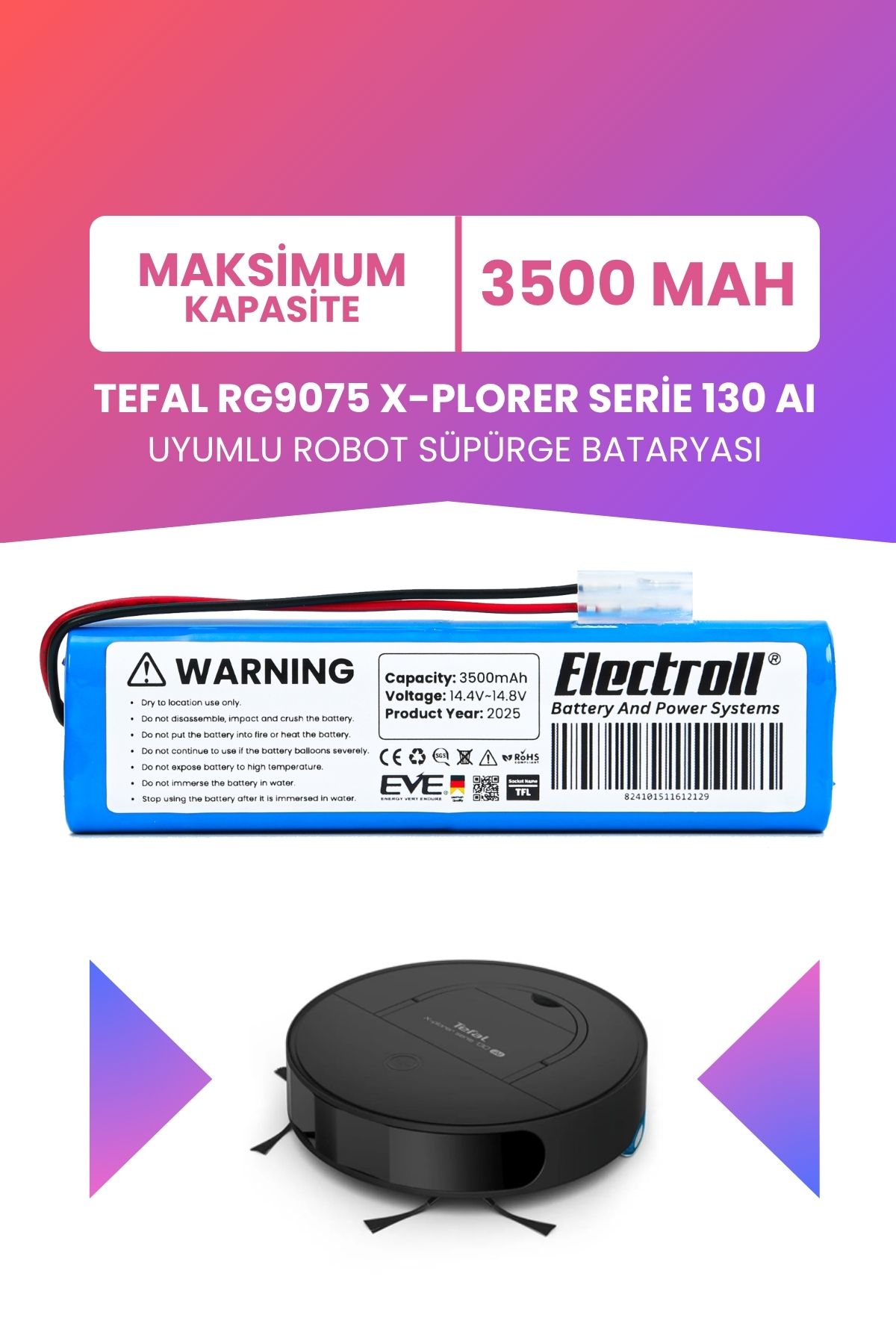 ELECTROLL Tefal RG9075 X-Plorer Serie 130 AI Uyumlu Batarya (MAKSİMUM KAPASİTE) 3500mah Robot Süpürge Batarya
