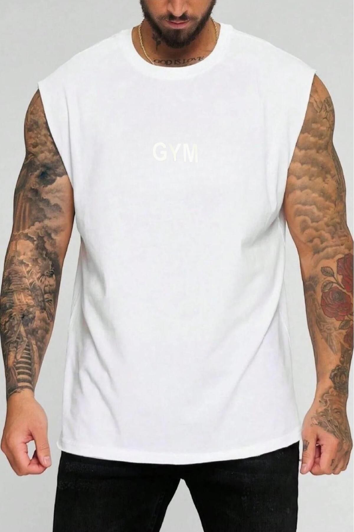 NO 601 Erkek Beyaz-Siyah 2'li Kapşonlu Kolsuz Kabartma Gym Baskılı Atlet Tshirt