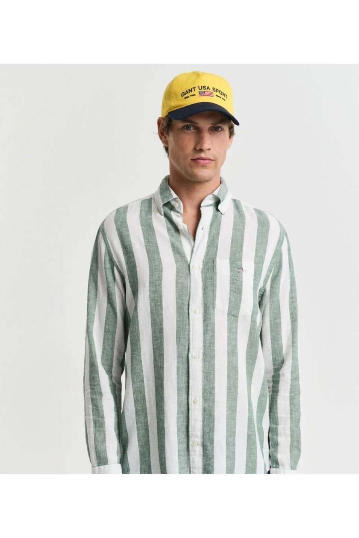Gant Erkek Yeşil Regular Fit Düğmeli Yaka Çizgili Gömlek