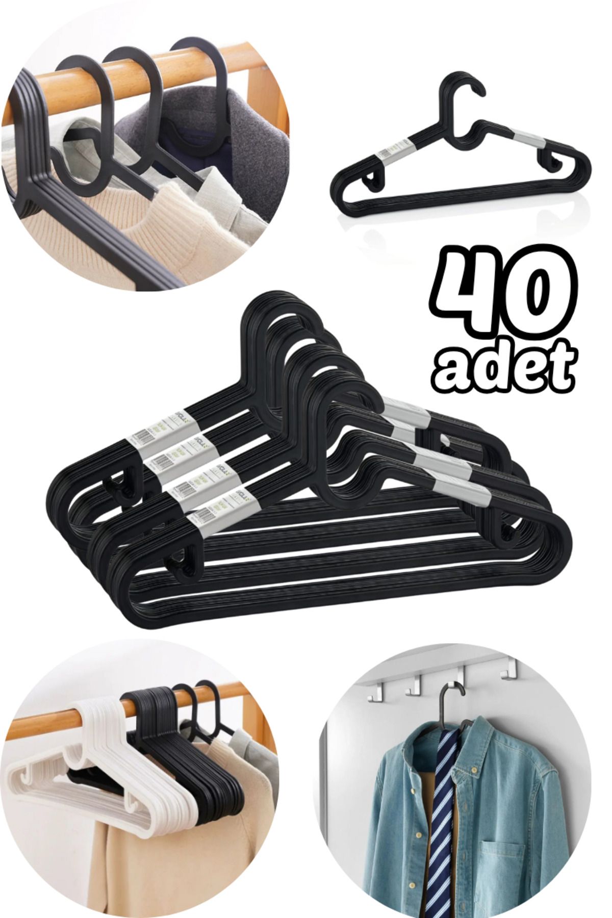 Comprox 40 Adet Siyah Elbise Kıyafet Askısı 40'lı Set Elbise Askısı Etek Askısı Pantolon Askısı Bluz Askısı