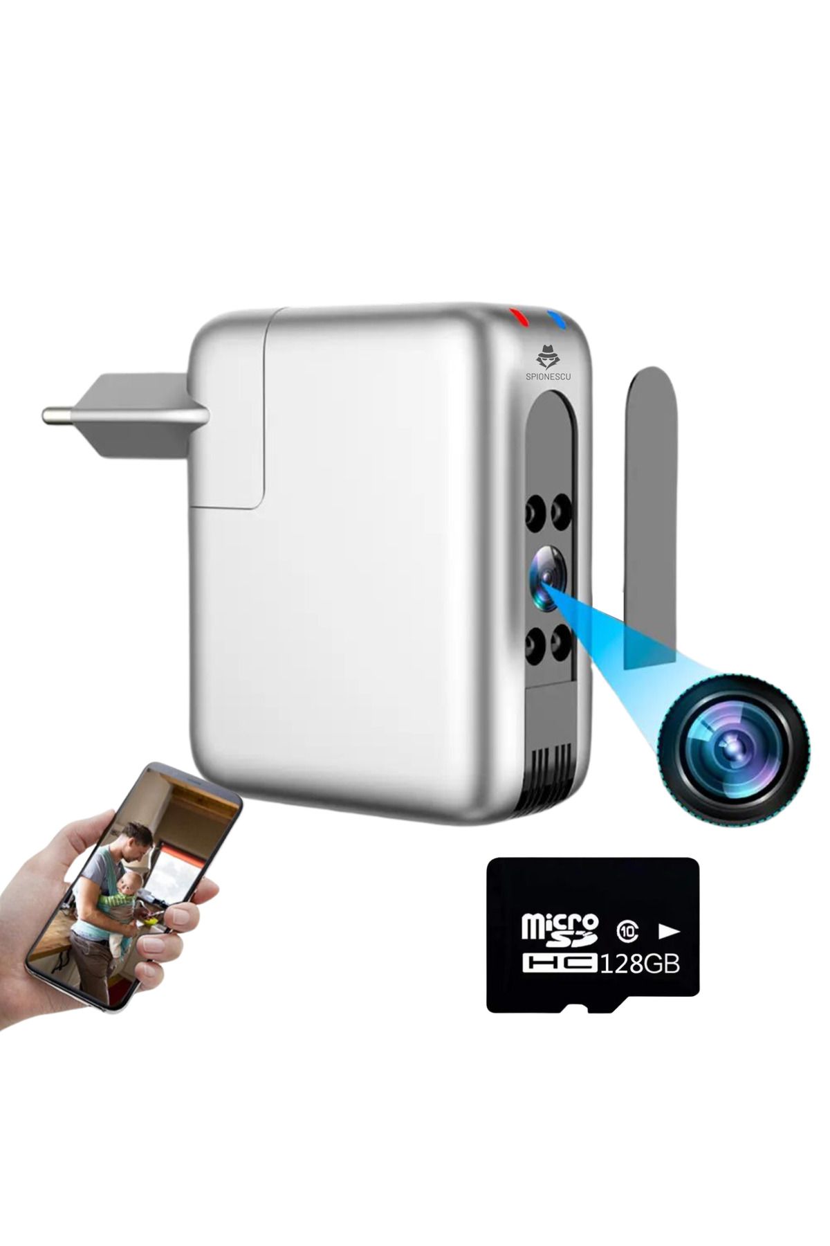 Spionescu-Încărcător USB cu cameră ascunsă 4K, B22, WIFI 2.4GHz, vedere nocturnă, detectare mișcare, unghi de 166° 10