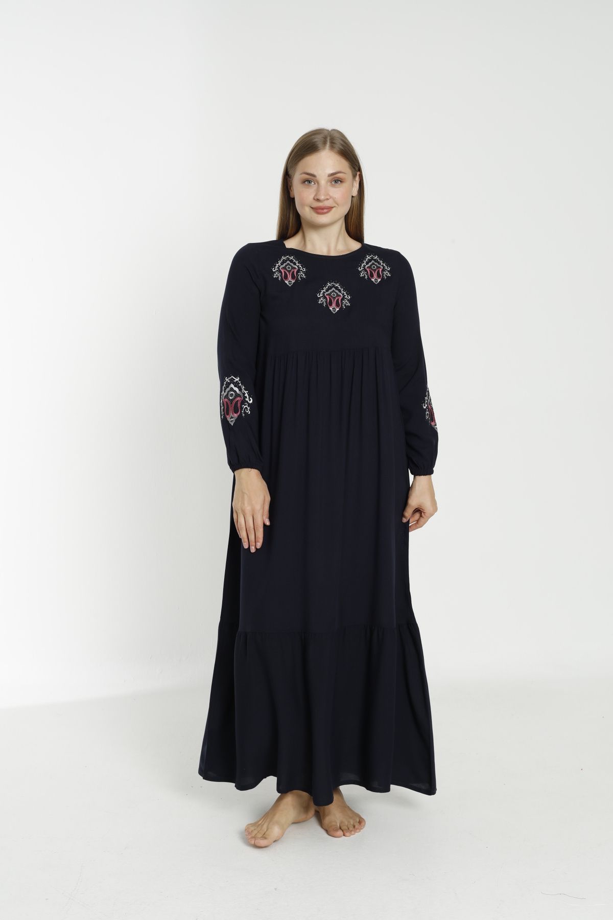 Juliet Deluxe Kadın Büyük Beden Dokuma Viskon Kumaş Uzun Kollu Elbise 33436