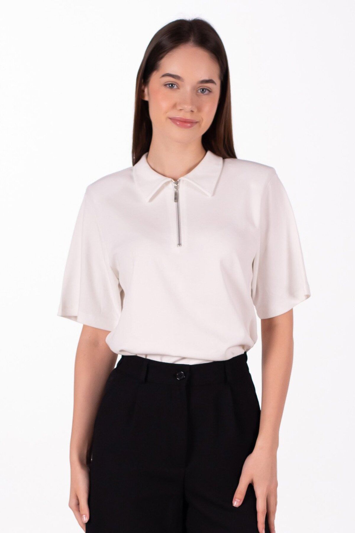 BARRELS AND OIL Vatkalı Fermuarlı Polo Yaka T-Shirt - Ekru