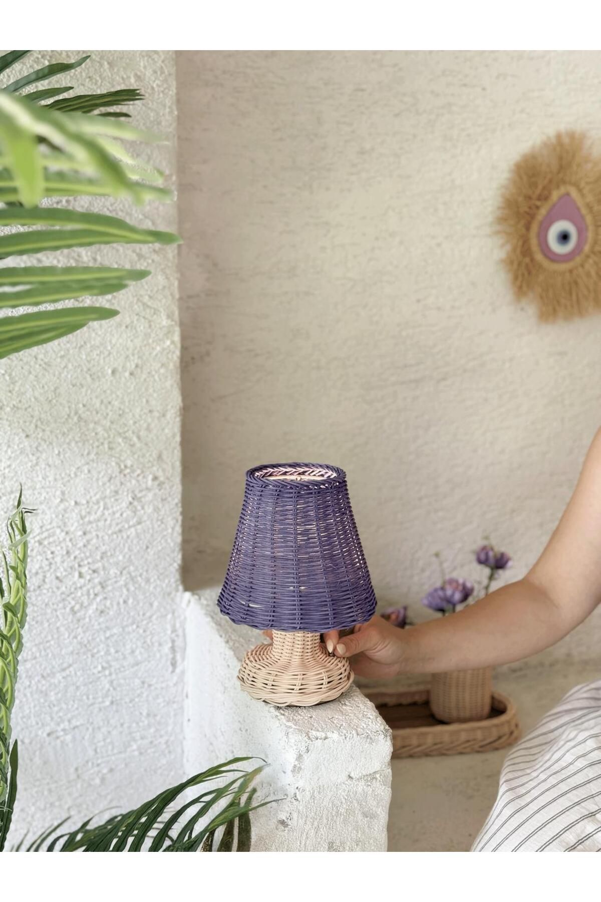 Maison Avf Mor Rattan & Bambu Masa Üstü Kablosuz Pilli Abajur Alt Rattan Masa Lambası