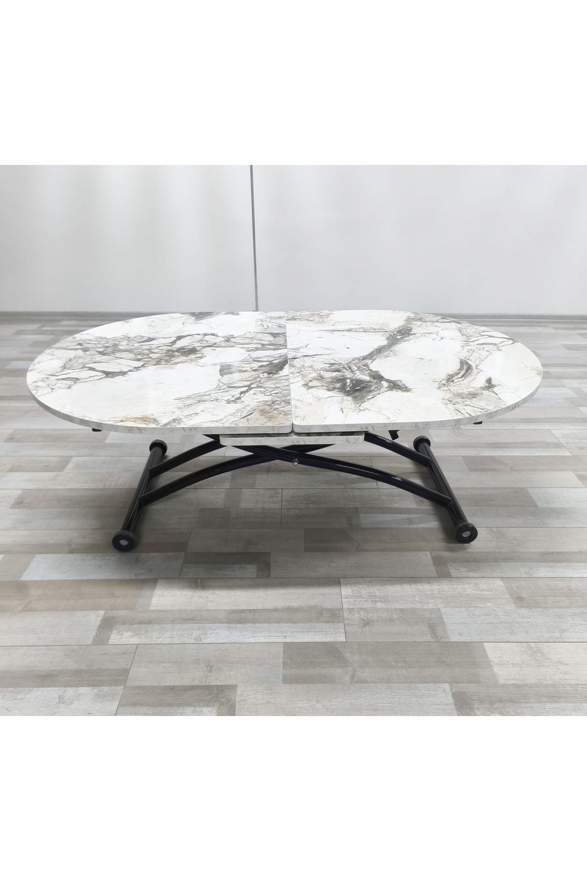 SEHPAM AKILLI Ortadan Açılır Akıllı Yemek Masası Oval Mdf Tabla Alt Mekanizma Metal Siyah Renk
