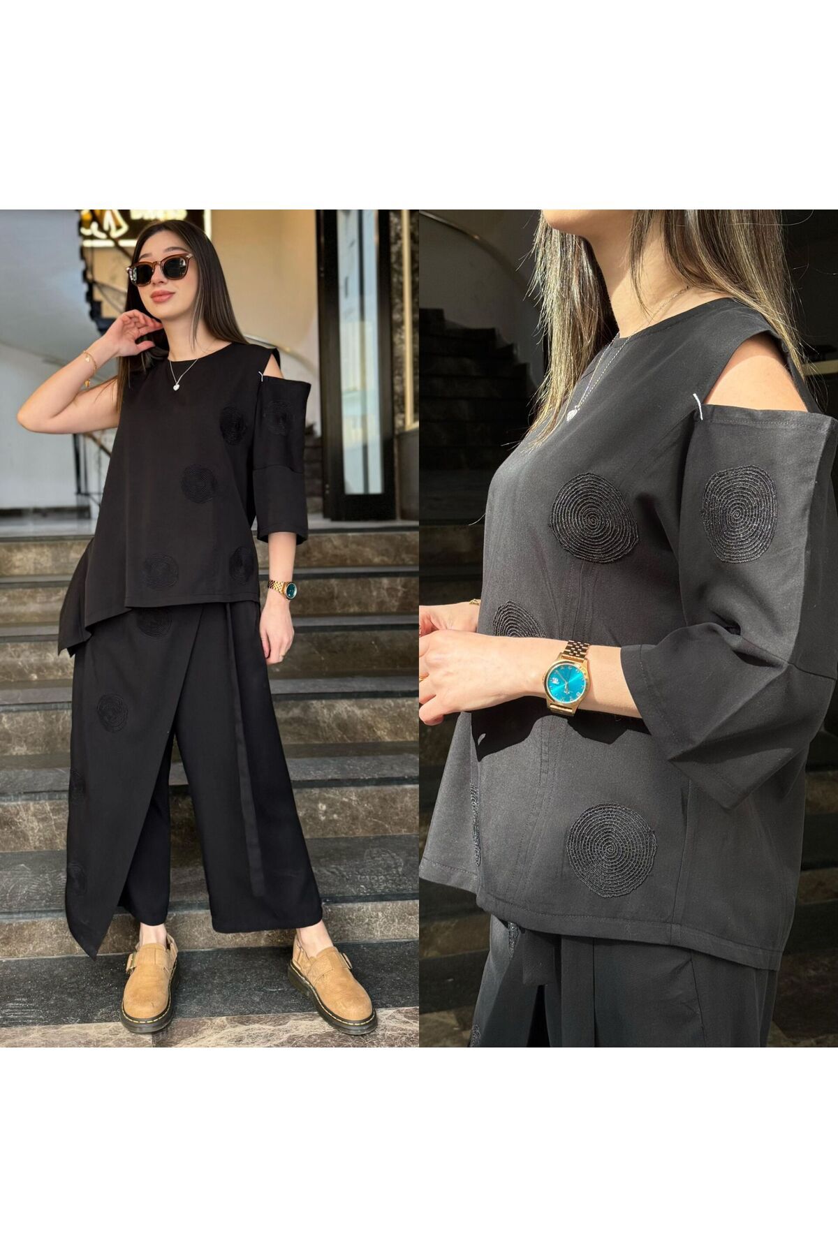 MARE BUTİK Nokta Detaylı Şıklık Asimetrik Bluz-S - Siyah