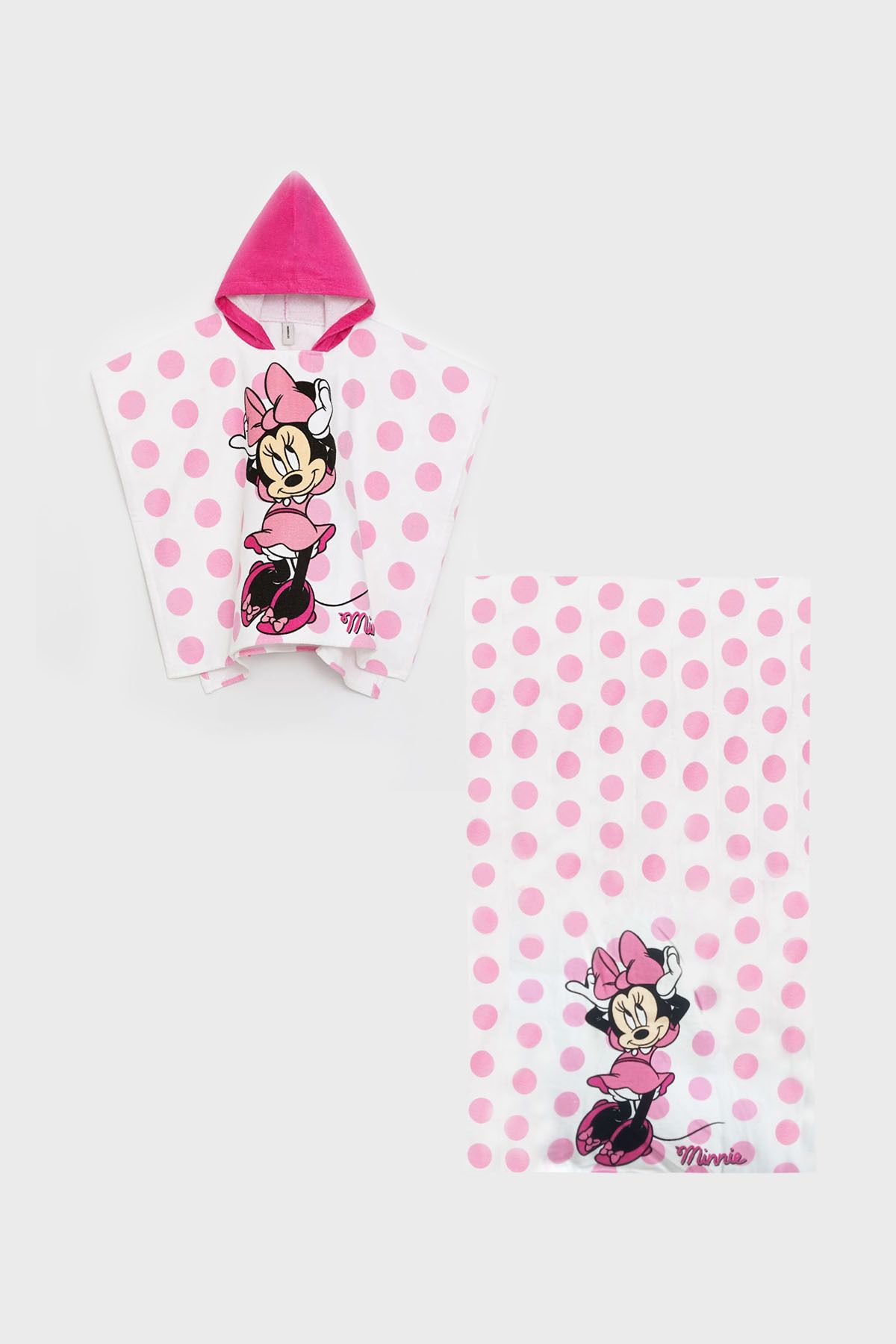 Minnie Mouse Panço Çocuk Plaj Havlusu Kapşonlu + Plaj Havlusu Seti 2 Li set Kız Çocuk
