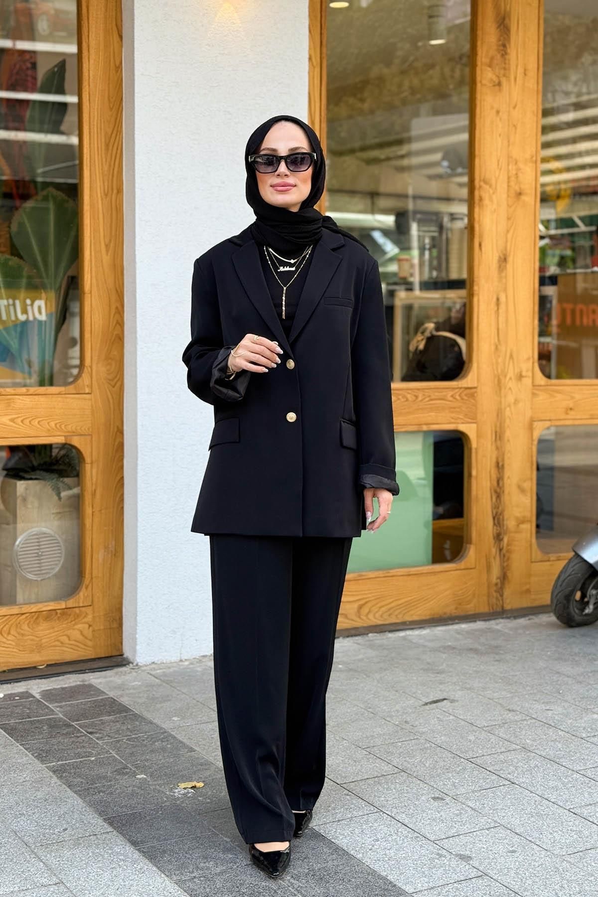 MERVE KAYKISIZ Oversize Cetek Pantolon Takım Siyah